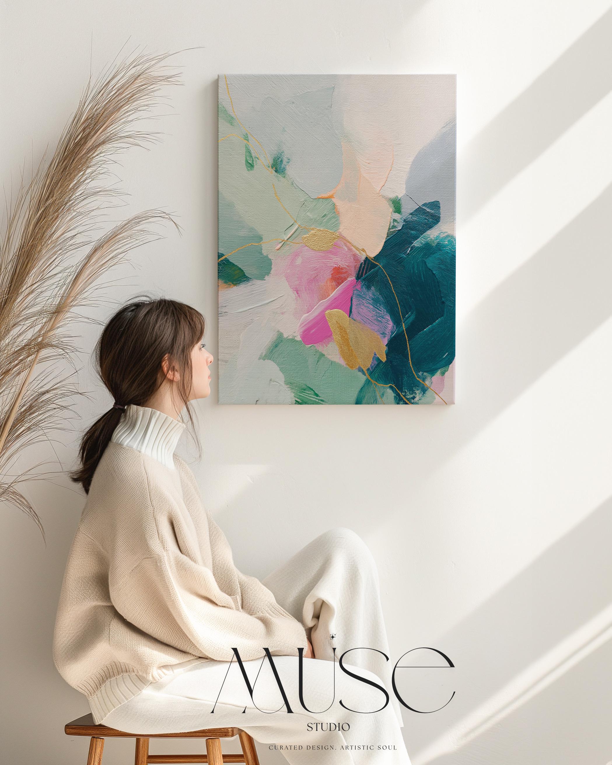 Vertical abstract canvas wall art featuring teal, blush pink, and gold accents with layered brush texture. Designed for transitional and modern interiors, this piece enhances bedrooms, hallways, or living rooms. Available framed or as a gallery-wrapped canvas for curated, designer-forward decor.