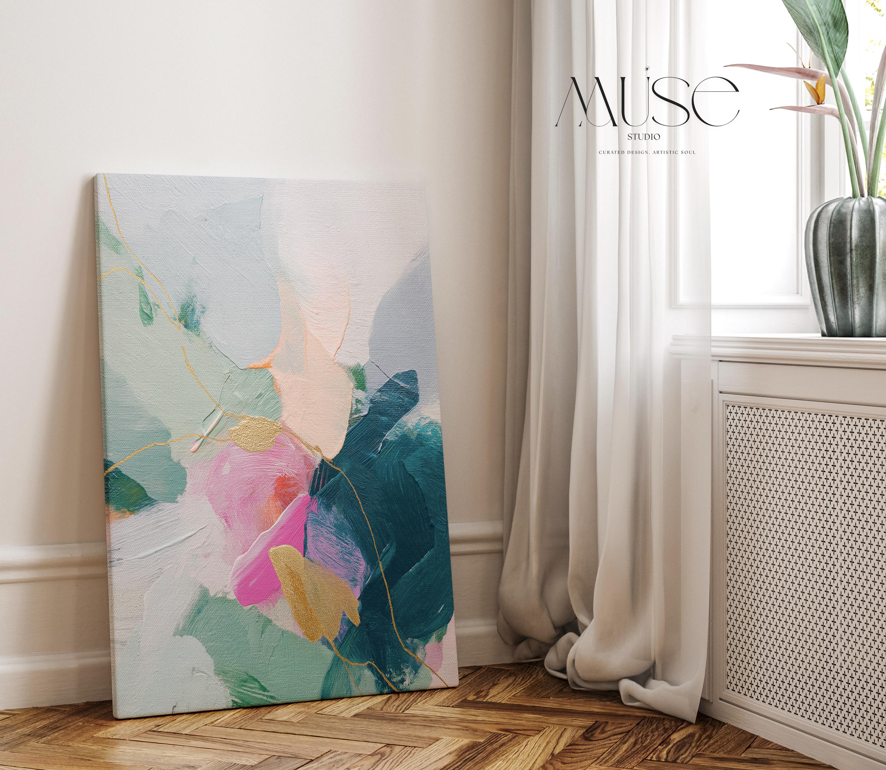 Vertical abstract canvas wall art featuring teal, blush pink, and gold accents with layered brush texture. Designed for transitional and modern interiors, this piece enhances bedrooms, hallways, or living rooms. Available framed or as a gallery-wrapped canvas for curated, designer-forward decor.