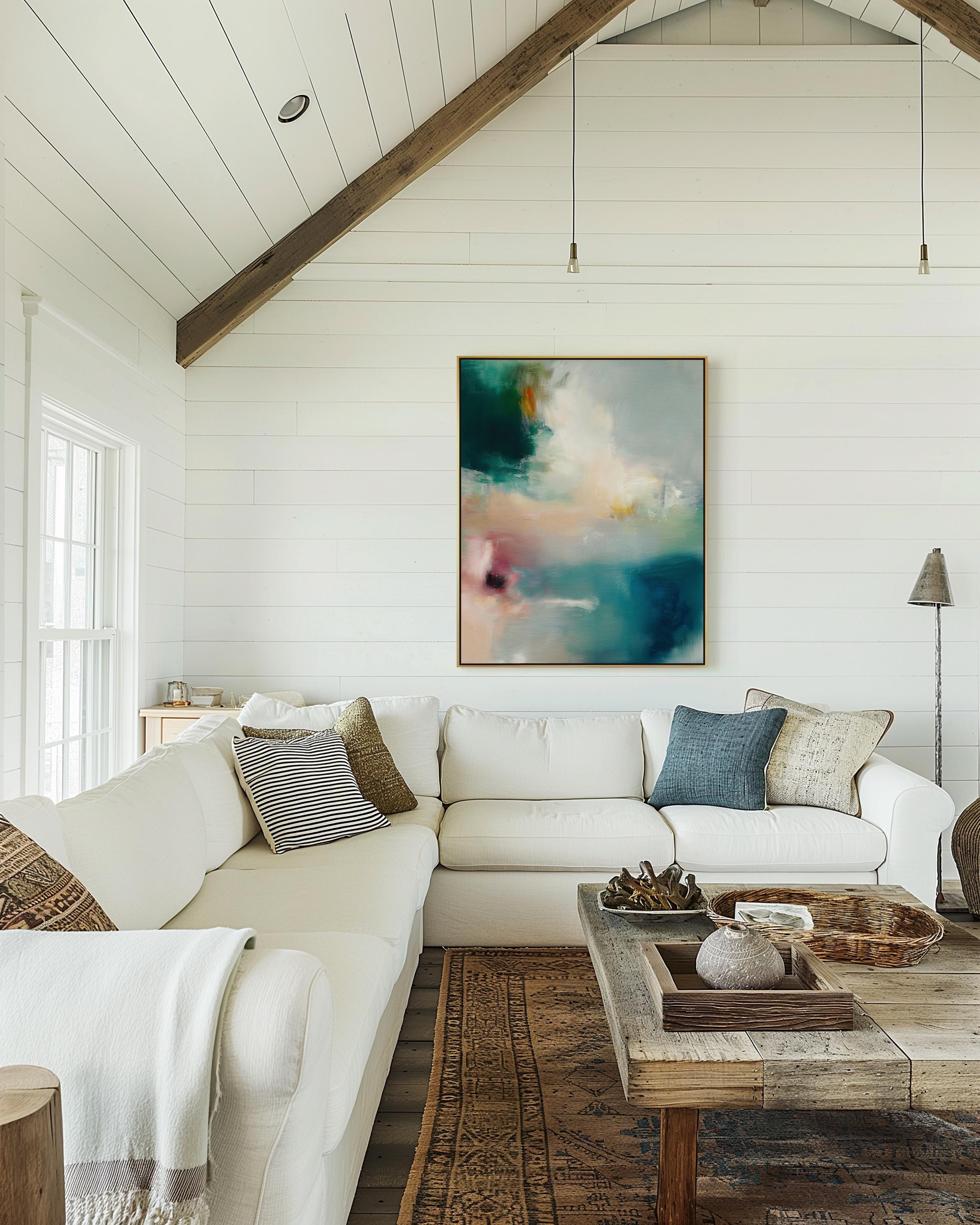 Lake Shore Vertical Abstract Canvas Wall Art • Misty Morning Modern Framed Painting for Bedroom or Living Room Decor • Muse Studio 555