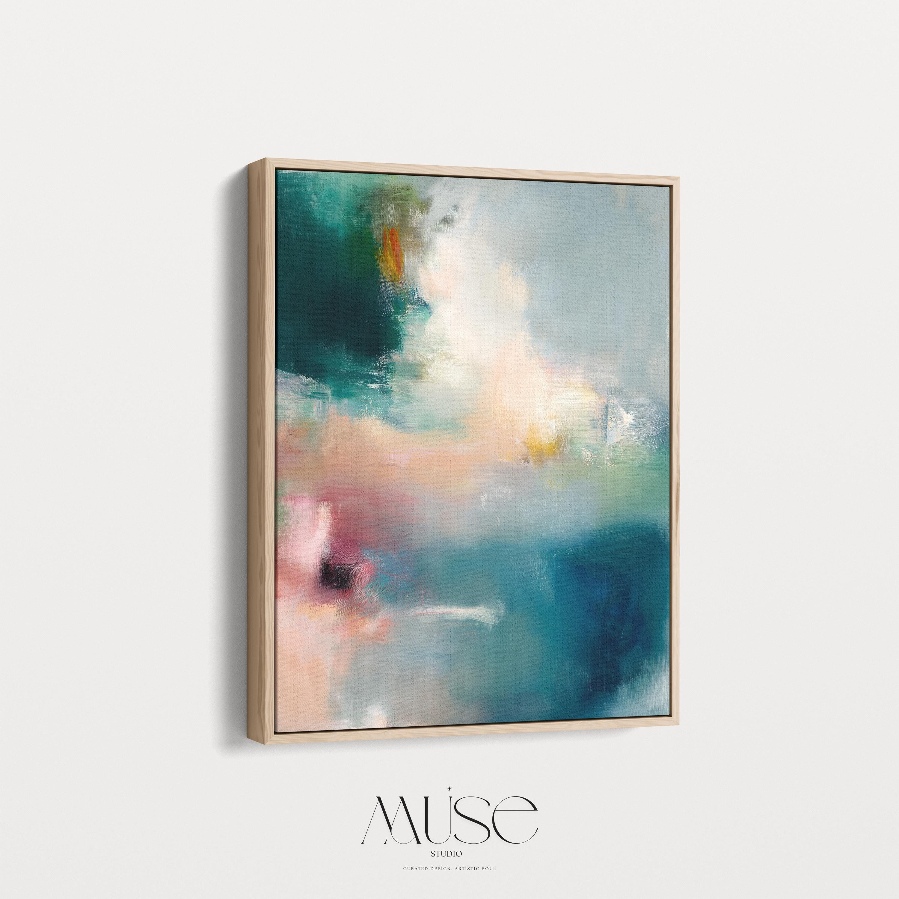 Vertical abstract canvas wall art featuring teal, blush, and gold tones with layered brushwork. The soft contemporary palette enhances modern and transitional interiors, ideal for bedrooms or living spaces. Available as a framed or gallery-wrapped canvas for designer-inspired decor.