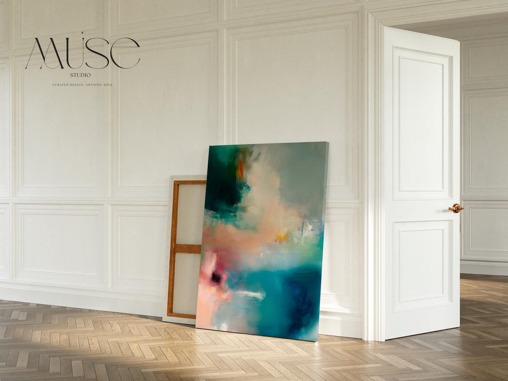 Large vertical abstract canvas wall art featuring teal, blush pink, and gold tones in layered brushstrokes. The soft coastal palette and luminous texture complement transitional, modern, and soft contemporary interiors. Available as a gallery-wrapped canvas in multiple sizes for curated, designer-forward decor.