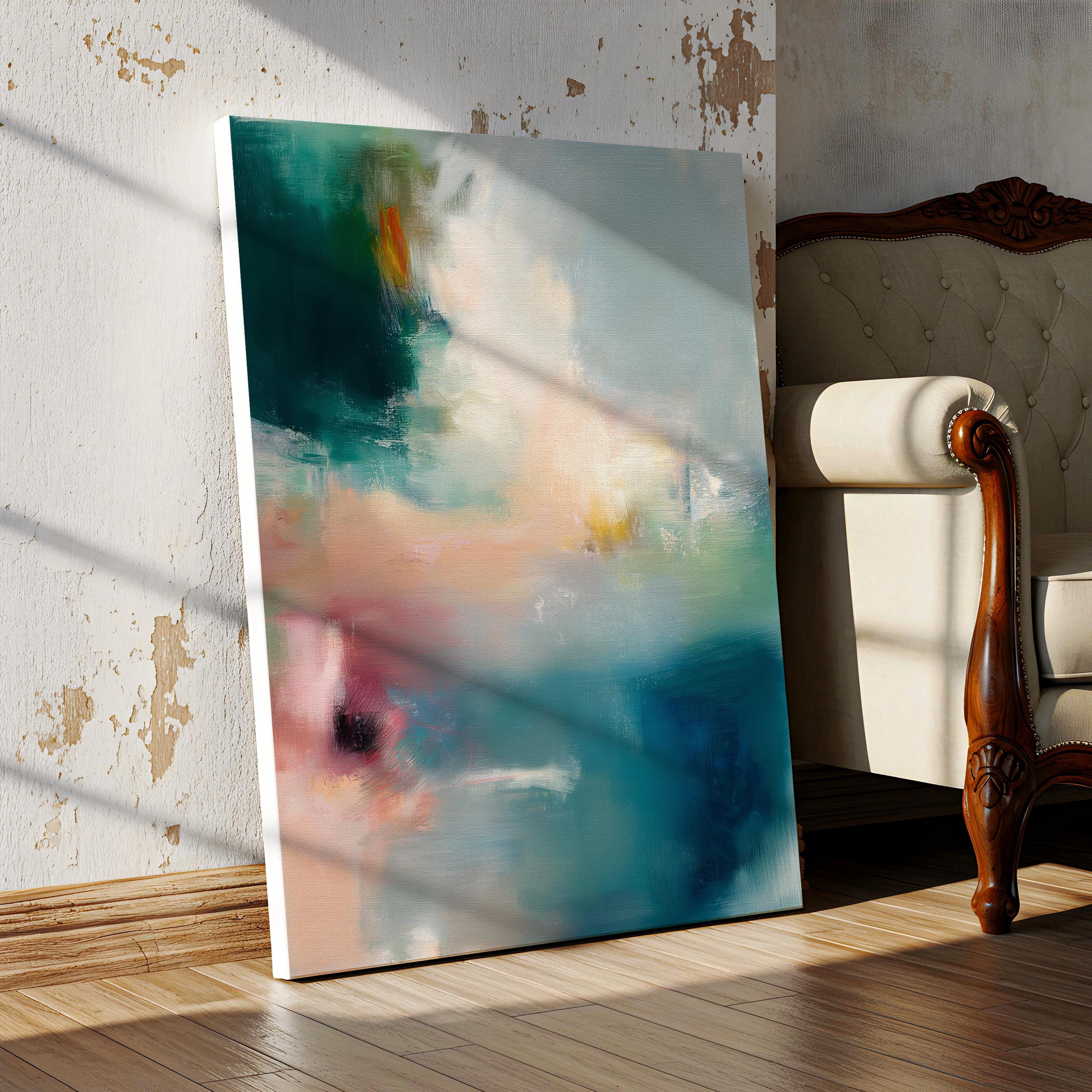 Large vertical abstract canvas wall art featuring teal, blush pink, and gold tones in layered brushstrokes. The soft coastal palette and luminous texture complement transitional, modern, and soft contemporary interiors. Available as a gallery-wrapped canvas in multiple sizes for curated, designer-forward decor.