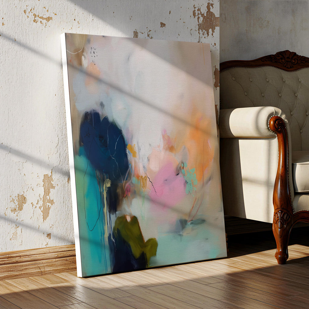 Vertical abstract canvas wall art featuring teal, blush, and peach brushstrokes with soft white layers. The composition exudes modern warmth and calm movement, perfect for living rooms, bedrooms, or transitional interiors. Available as a large gallery-wrapped canvas in premium cotton for a refined, designer-quality finish.