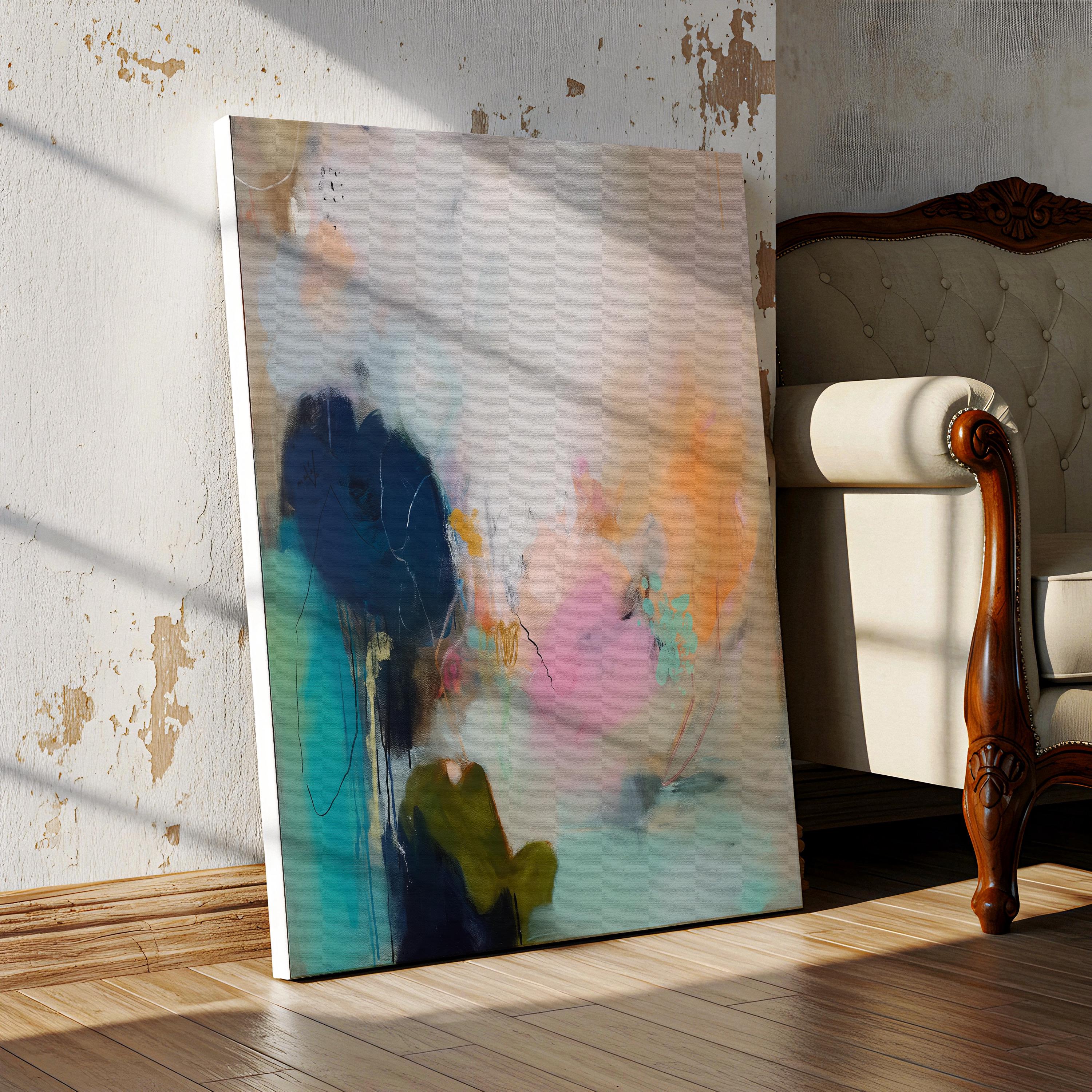 Vertical abstract canvas wall art featuring teal, blush, and peach brushstrokes with soft white layers. The composition exudes modern warmth and calm movement, perfect for living rooms, bedrooms, or transitional interiors. Available as a large gallery-wrapped canvas in premium cotton for a refined, designer-quality finish.