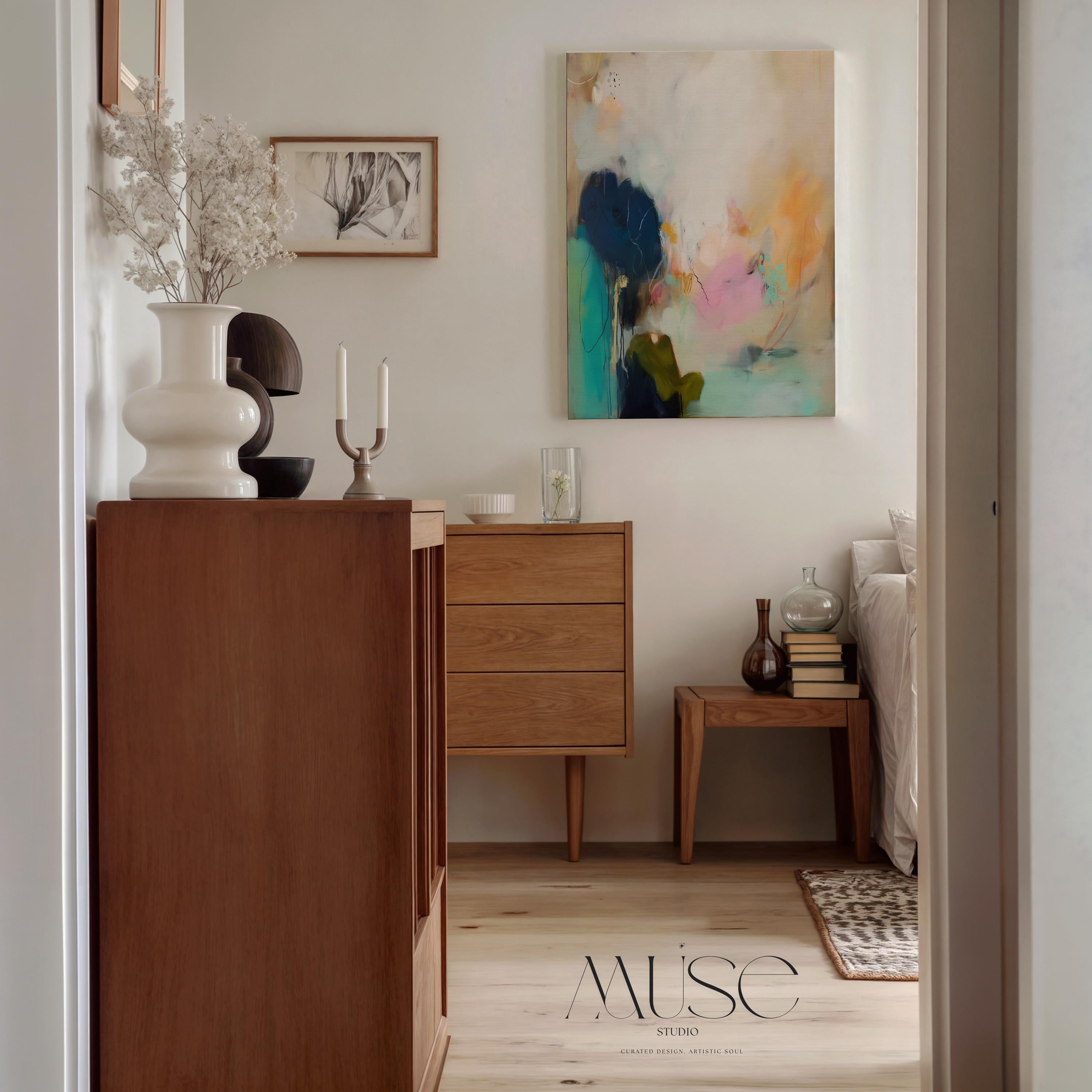 Vertical abstract canvas wall art featuring teal, blush, and peach brushstrokes with soft white layers. The composition exudes modern warmth and calm movement, perfect for living rooms, bedrooms, or transitional interiors. Available as a large gallery-wrapped canvas in premium cotton for a refined, designer-quality finish.