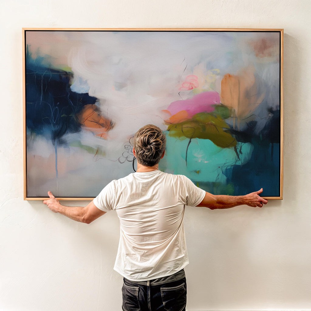 Horizontal abstract canvas wall art featuring rich navy, blush, and moss green brushstrokes with layered painterly movement. Designed for modern living rooms or office spaces, this large gallery-wrapped canvas brings depth, warmth, and designer sophistication to curated interiors.