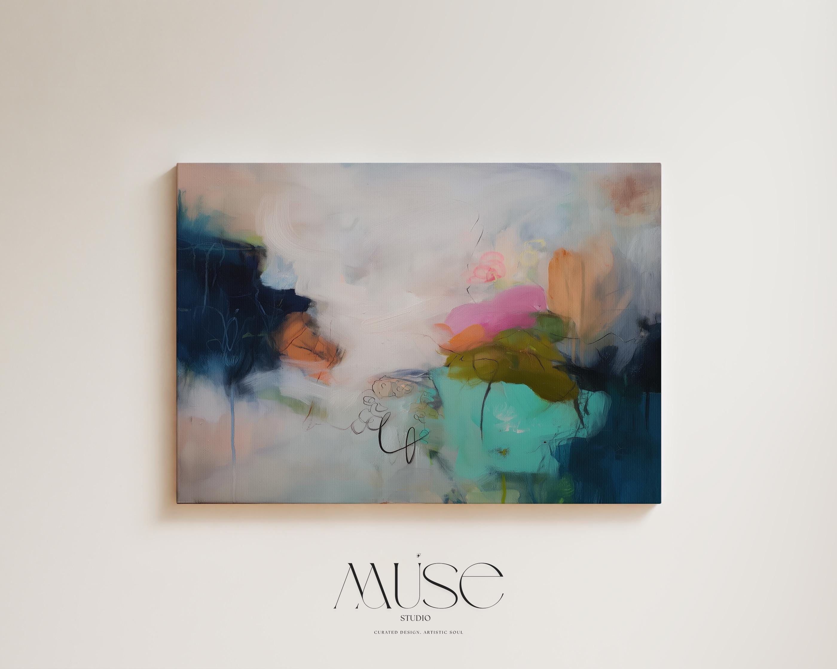 Horizontal abstract canvas wall art featuring rich navy, blush, and moss green brushstrokes with layered painterly movement. Designed for modern living rooms or office spaces, this large gallery-wrapped canvas brings depth, warmth, and designer sophistication to curated interiors.