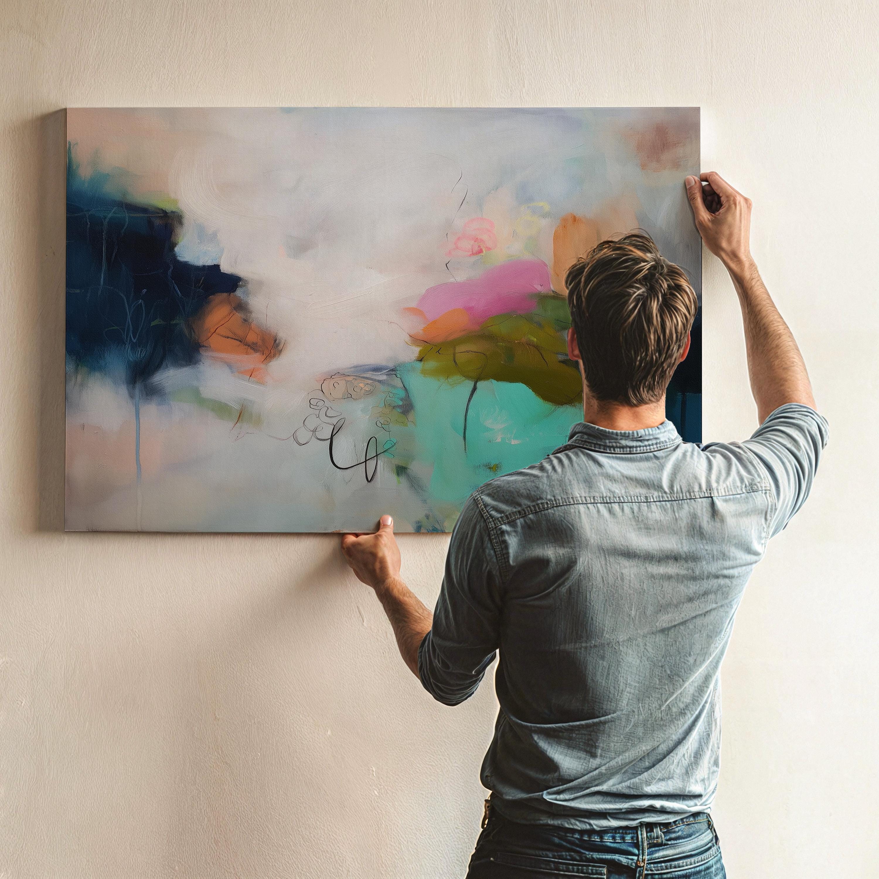 Horizontal abstract canvas wall art featuring rich navy, blush, and moss green brushstrokes with layered painterly movement. Designed for modern living rooms or office spaces, this large gallery-wrapped canvas brings depth, warmth, and designer sophistication to curated interiors.