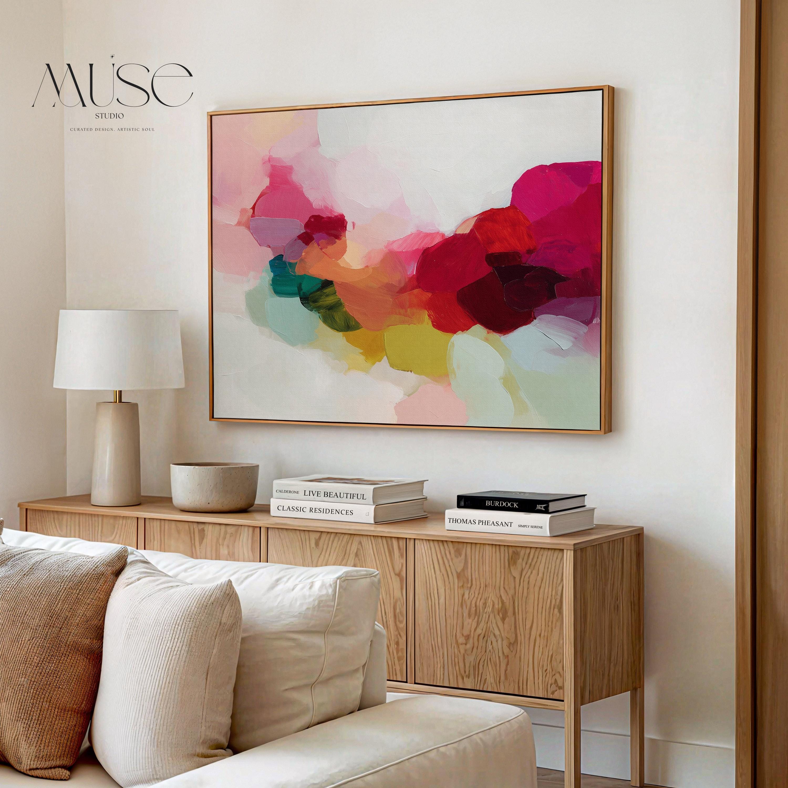 Horizontal framed abstract wall art featuring bold red, green, and blush pink tones in a softly layered composition. Perfect for Color Pop interiors, this expressive artwork brings warmth and personality to living rooms, dining rooms, or curated spaces. Floater framed in FSC-certified wood and printed on archival cotton-blend canvas for a refined, gallery-quality presentation.