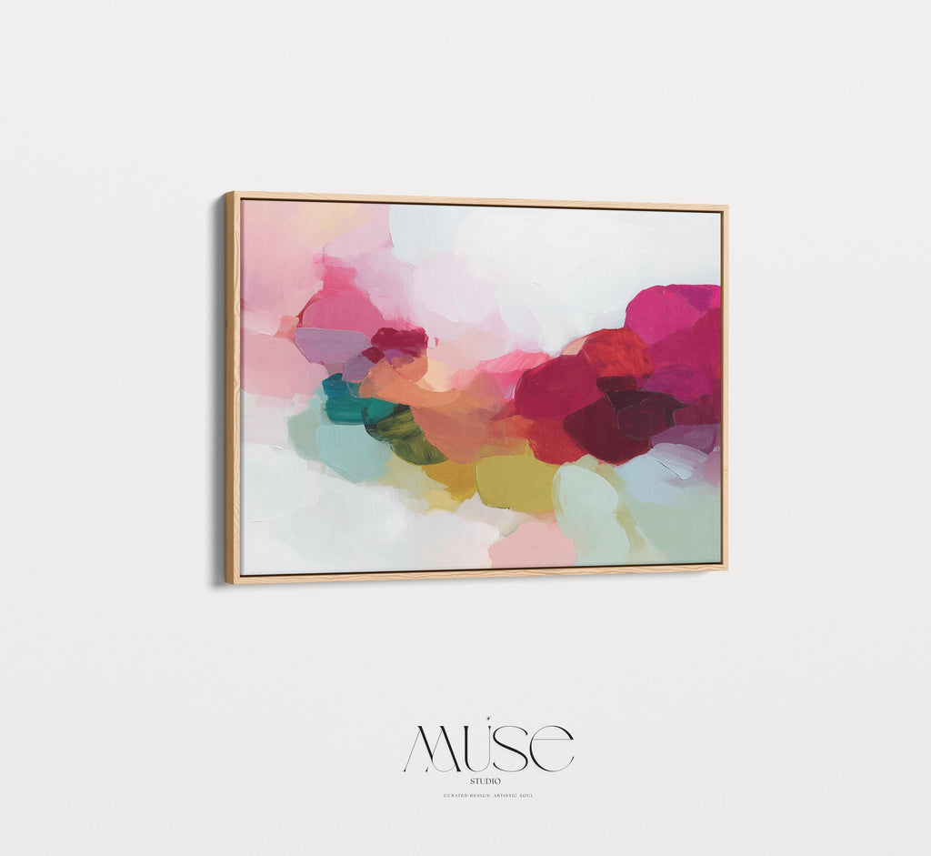 Horizontal framed abstract wall art featuring bold red, green, and blush pink tones in a softly layered composition. Perfect for Color Pop interiors, this expressive artwork brings warmth and personality to living rooms, dining rooms, or curated spaces. Floater framed in FSC-certified wood and printed on archival cotton-blend canvas for a refined, gallery-quality presentation.