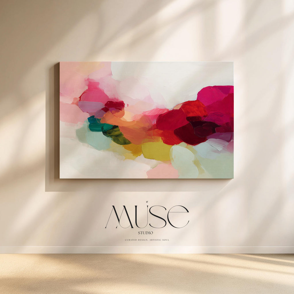 Horizontal abstract canvas artwork featuring vivid red, green, and blush hues in a softly blended painterly composition. Designed for Color Pop interiors, this artwork adds warmth and visual energy to living rooms, dining spaces, or contemporary homes. Printed on archival cotton-blend canvas and hand-stretched for a gallery-quality finish with timeless appeal.