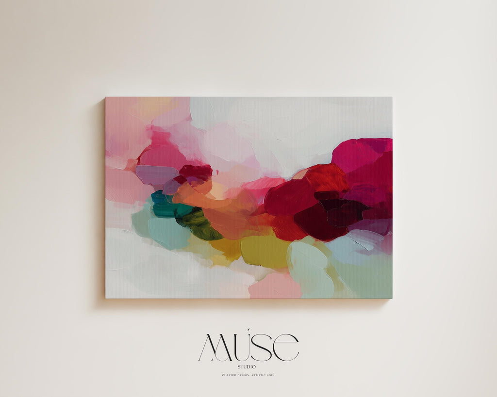 Horizontal abstract canvas artwork featuring vivid red, green, and blush hues in a softly blended painterly composition. Designed for Color Pop interiors, this artwork adds warmth and visual energy to living rooms, dining spaces, or contemporary homes. Printed on archival cotton-blend canvas and hand-stretched for a gallery-quality finish with timeless appeal.