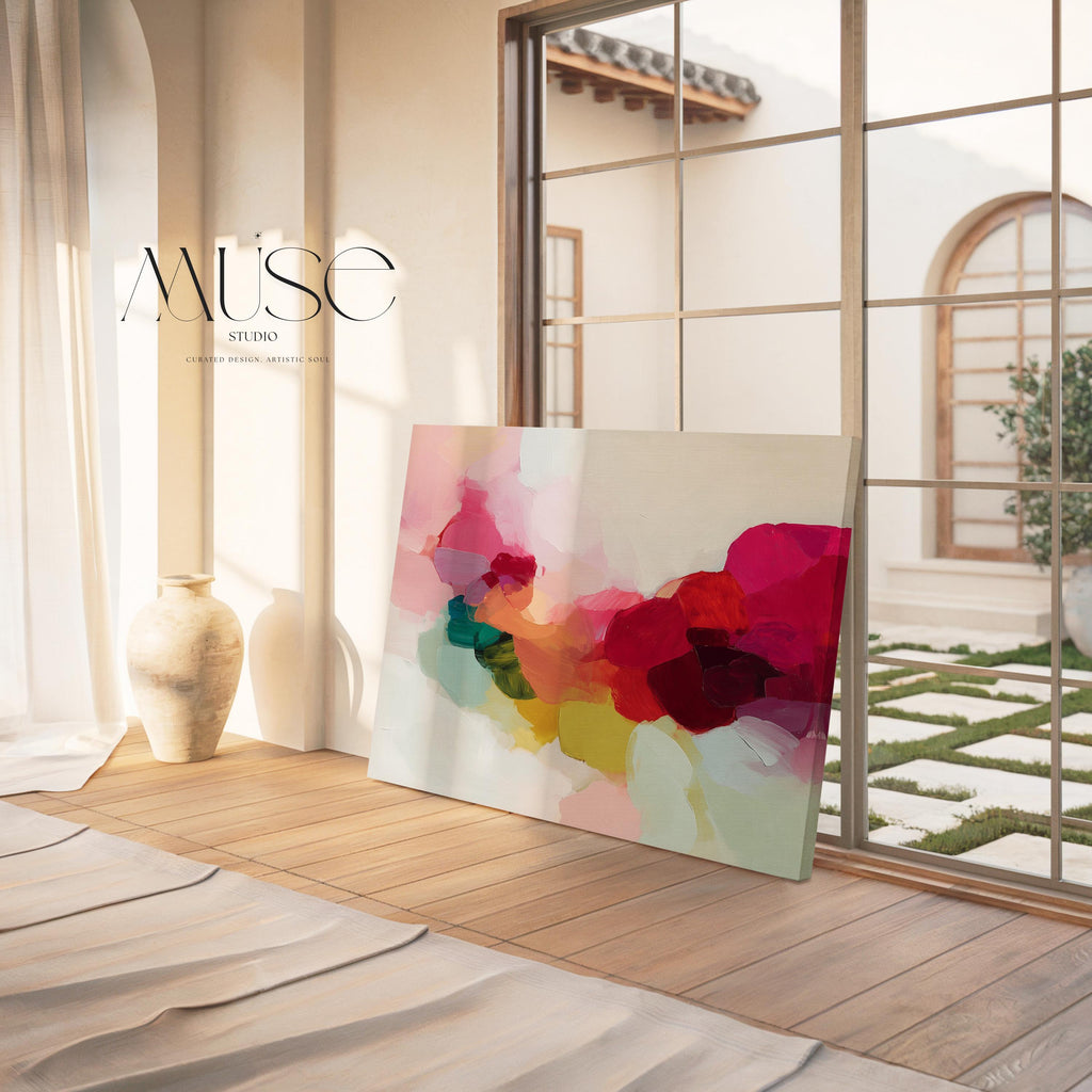 Horizontal abstract canvas artwork featuring vivid red, green, and blush hues in a softly blended painterly composition. Designed for Color Pop interiors, this artwork adds warmth and visual energy to living rooms, dining spaces, or contemporary homes. Printed on archival cotton-blend canvas and hand-stretched for a gallery-quality finish with timeless appeal.