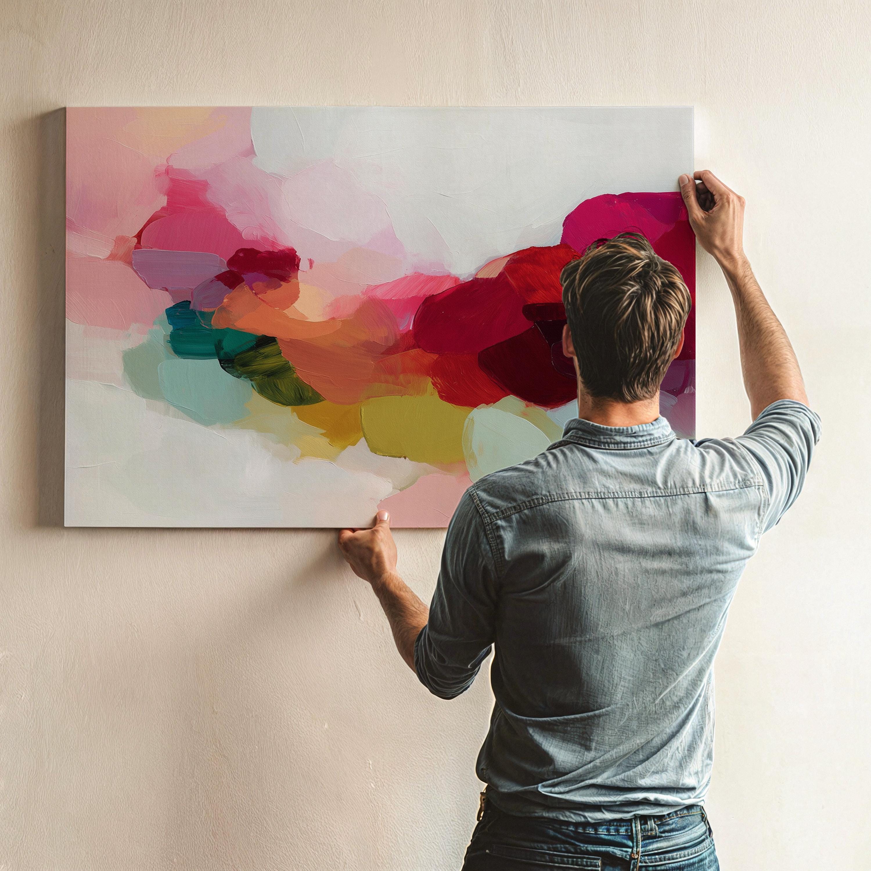 Horizontal abstract canvas artwork featuring vivid red, green, and blush hues in a softly blended painterly composition. Designed for Color Pop interiors, this artwork adds warmth and visual energy to living rooms, dining spaces, or contemporary homes. Printed on archival cotton-blend canvas and hand-stretched for a gallery-quality finish with timeless appeal.