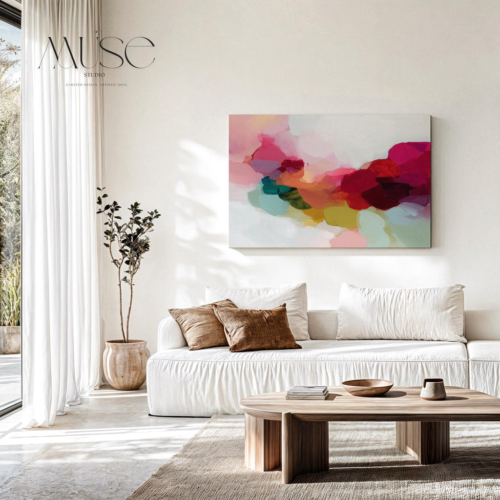 Horizontal abstract canvas artwork featuring vivid red, green, and blush hues in a softly blended painterly composition. Designed for Color Pop interiors, this artwork adds warmth and visual energy to living rooms, dining spaces, or contemporary homes. Printed on archival cotton-blend canvas and hand-stretched for a gallery-quality finish with timeless appeal.
