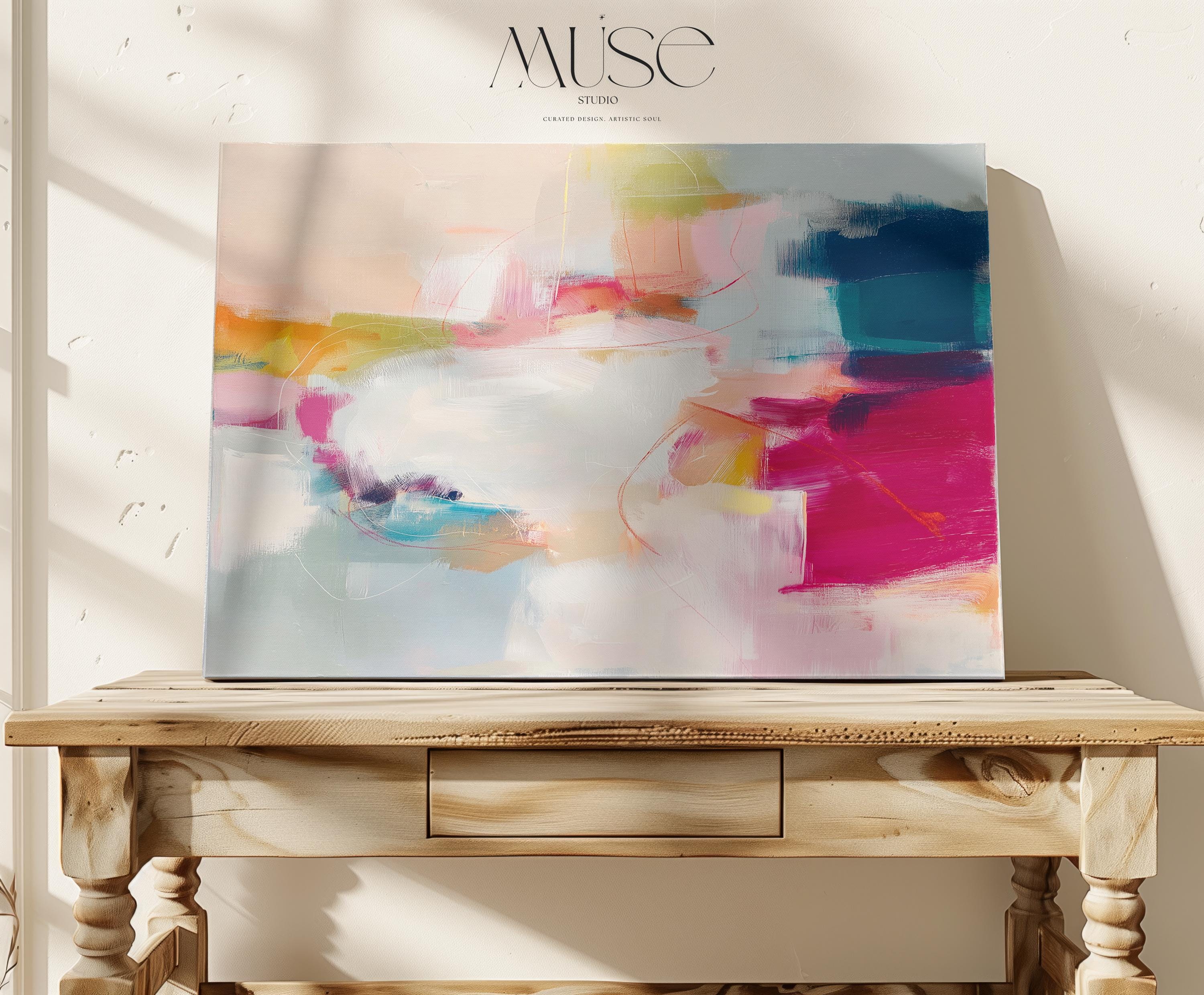 Horizontal abstract canvas artwork in shades of blush pink, soft gold, and muted blue with painterly layers and gentle movement. Ideal for Soft Contemporary interiors, this design brings calm vibrancy to living rooms, offices, or curated spaces. Printed on archival cotton-blend canvas and hand-stretched for a gallery-quality finish with modern appeal.