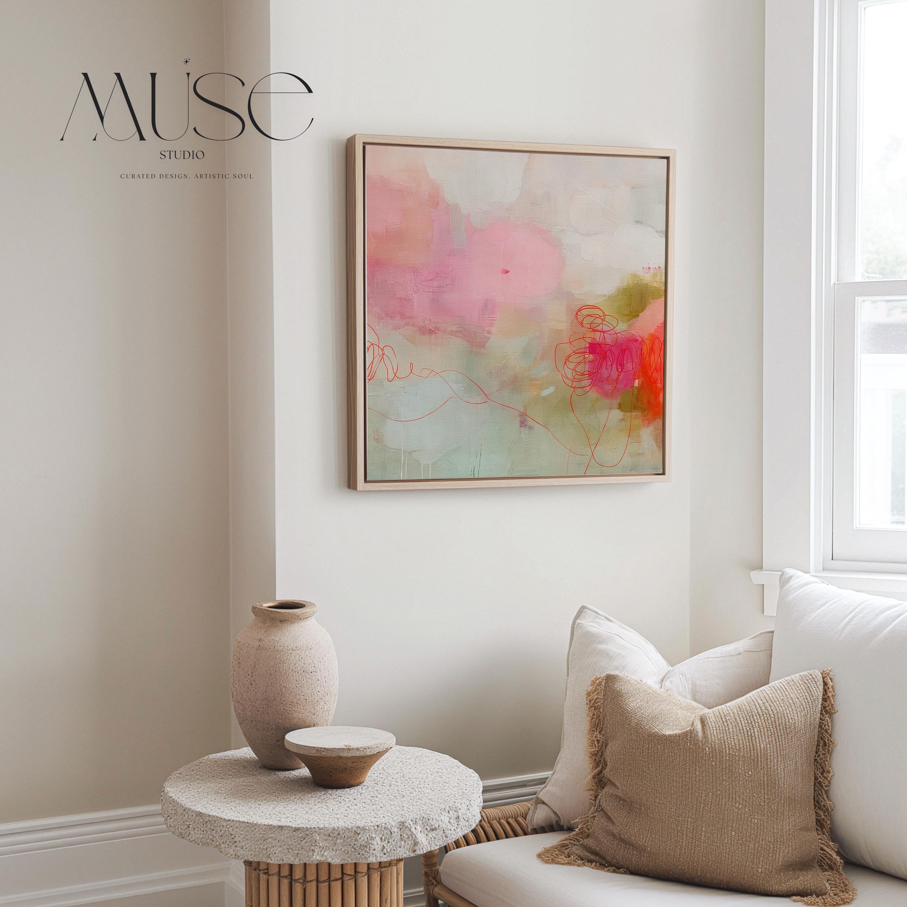 Large square blush and coral abstract wall art with soft layered movement and minimalist styling, designed for curated living rooms, bedrooms, or above-sofa placement. A modern abstract canvas that complements soft contemporary and warm minimalist interiors. Available as gallery-wrapped canvas, framed canvas, or fine art poster print by Muse Studio.