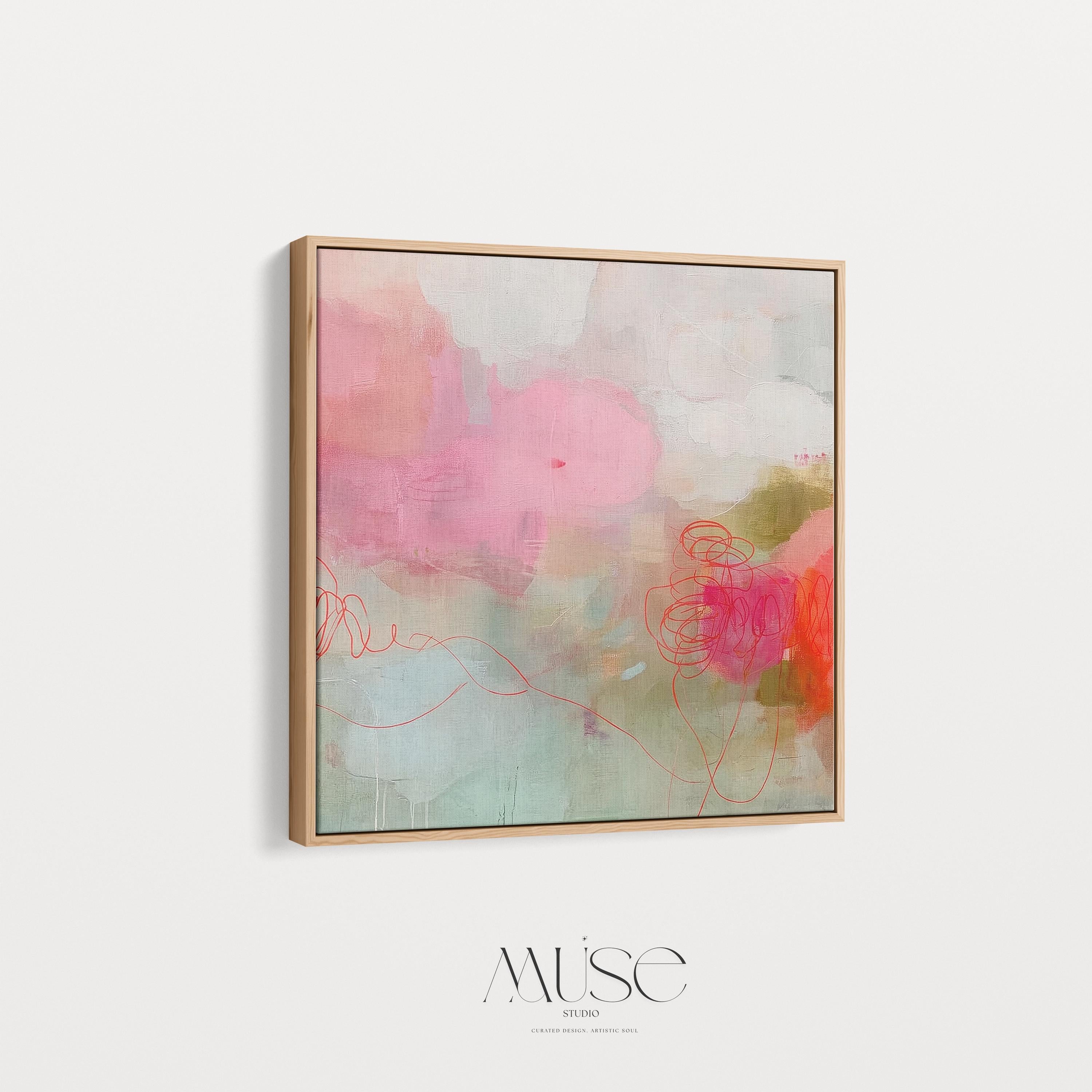 Square abstract canvas wall art featuring blush pink, coral, and sage tones with expressive painterly details. This modern piece adds warmth and refined softness to living rooms, bedrooms, or minimalist interiors. Gallery-wrapped on premium cotton canvas, ready to hang for elevated home decor.