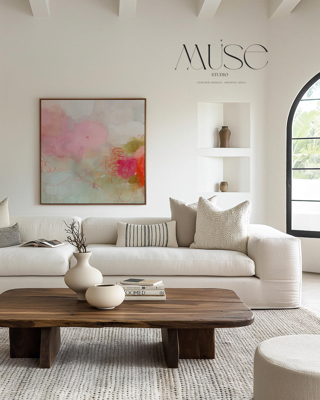 Square abstract canvas wall art featuring blush pink, coral, and sage tones with expressive painterly details. This modern piece adds warmth and refined softness to living rooms, bedrooms, or minimalist interiors. Gallery-wrapped on premium cotton canvas, ready to hang for elevated home decor.