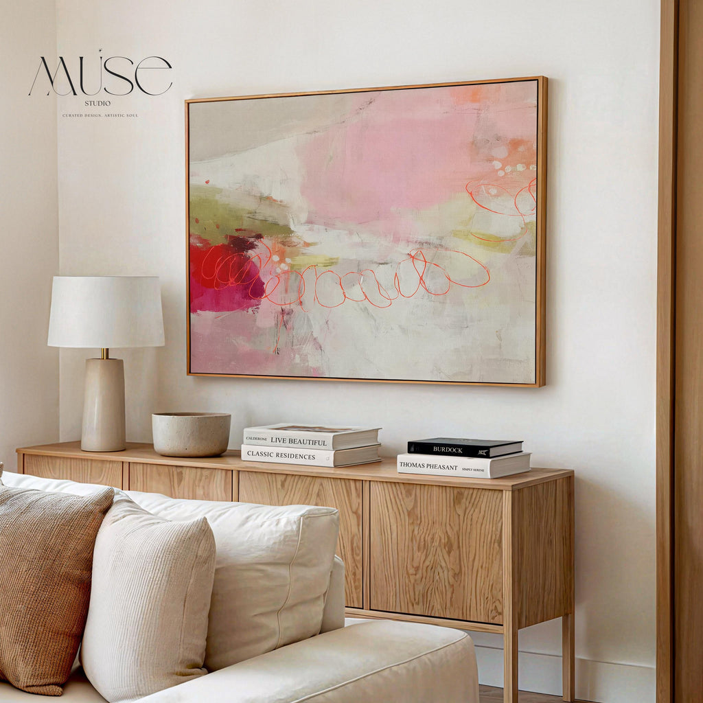 Horizontal abstract canvas wall art in blush pink, coral, and olive tones, layered with painterly textures and soft gradients. Perfect for modern living rooms or offices, this gallery-wrapped canvas adds warmth and designer refinement to minimalist and transitional spaces.