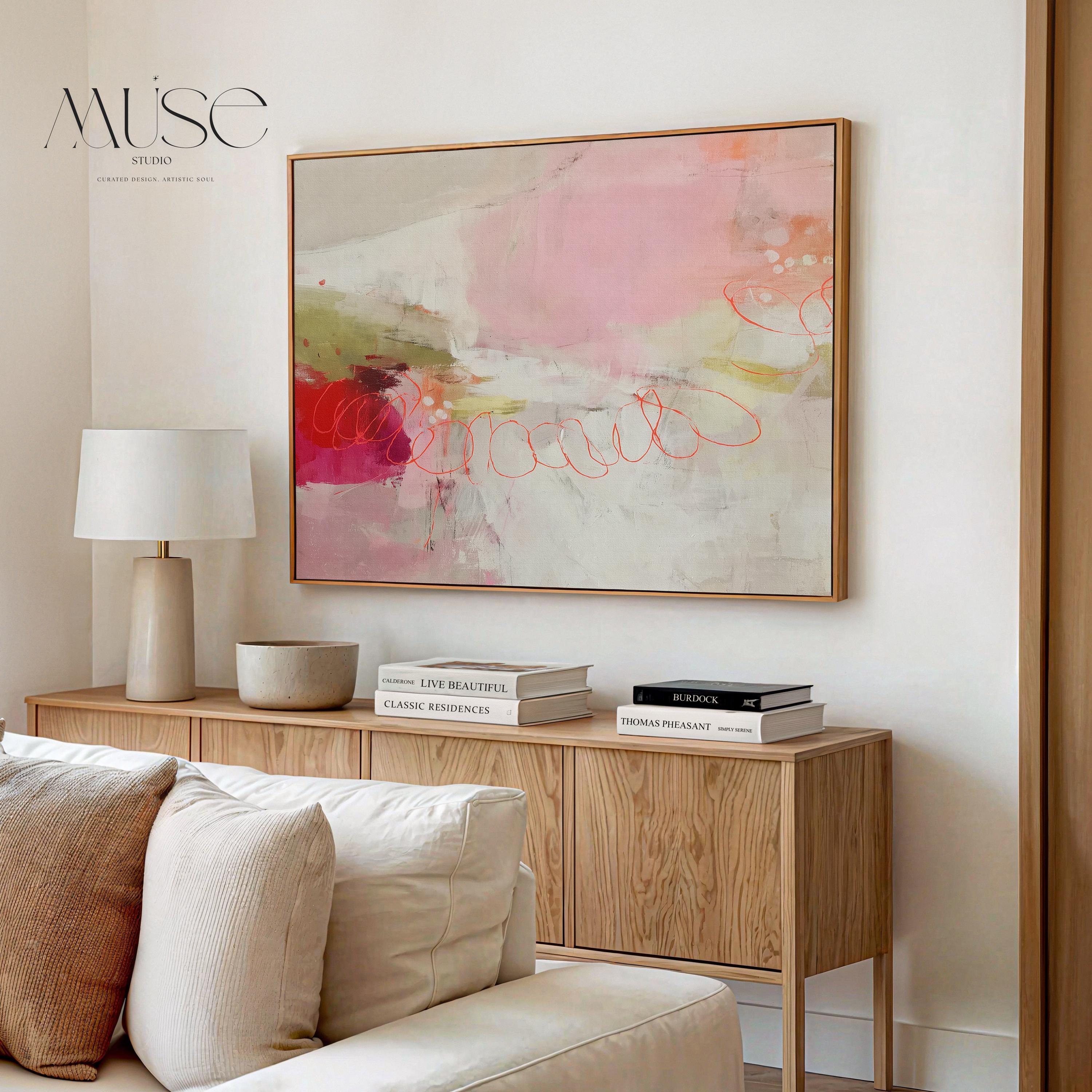 Horizontal abstract canvas wall art in blush pink, coral, and olive tones, layered with painterly textures and soft gradients. Perfect for modern living rooms or offices, this gallery-wrapped canvas adds warmth and designer refinement to minimalist and transitional spaces.