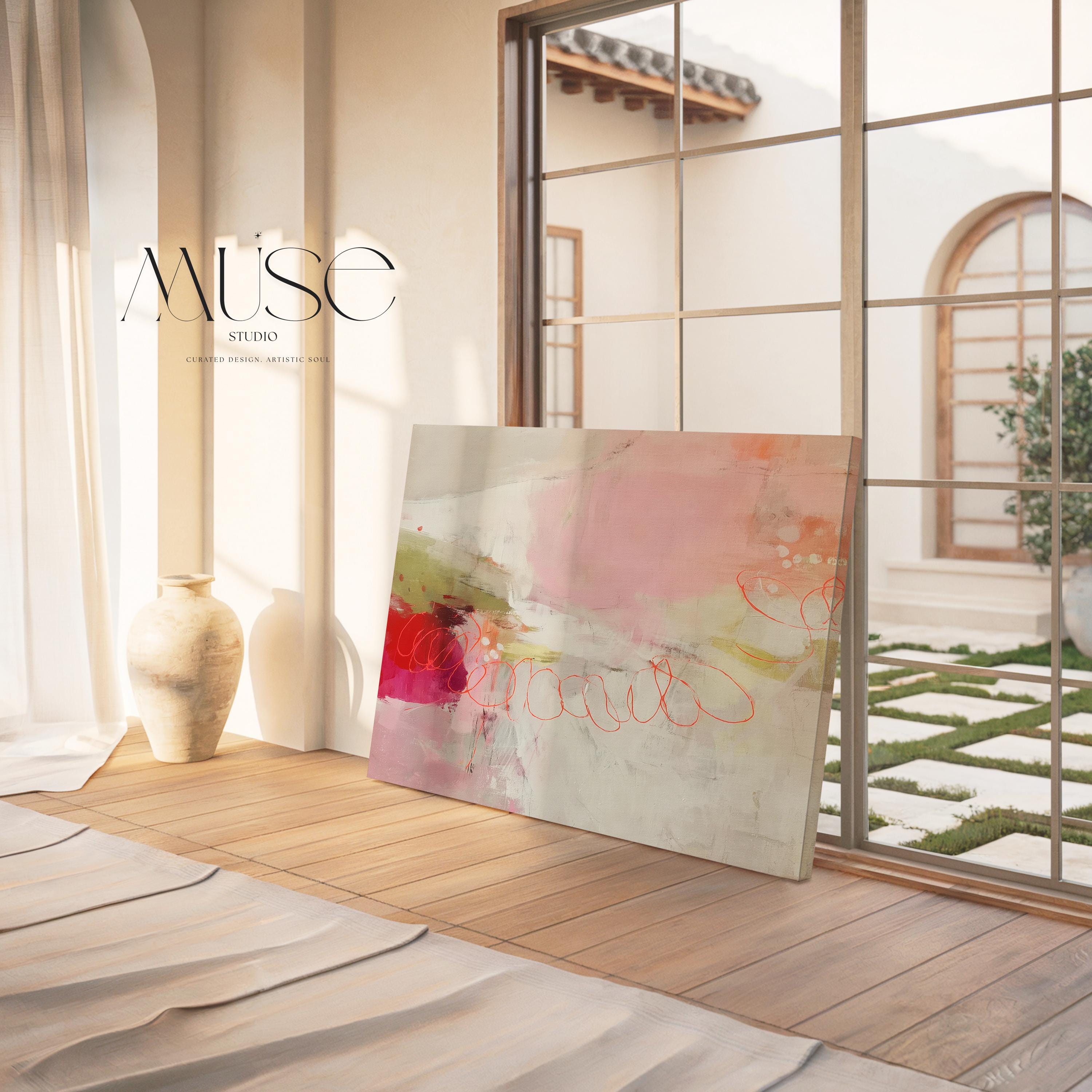 Large Horizontal Canvas Wall Art in Blush, Coral, and Olive • Abstract Painting for Living Room or Office Decor • Muse Studio 529