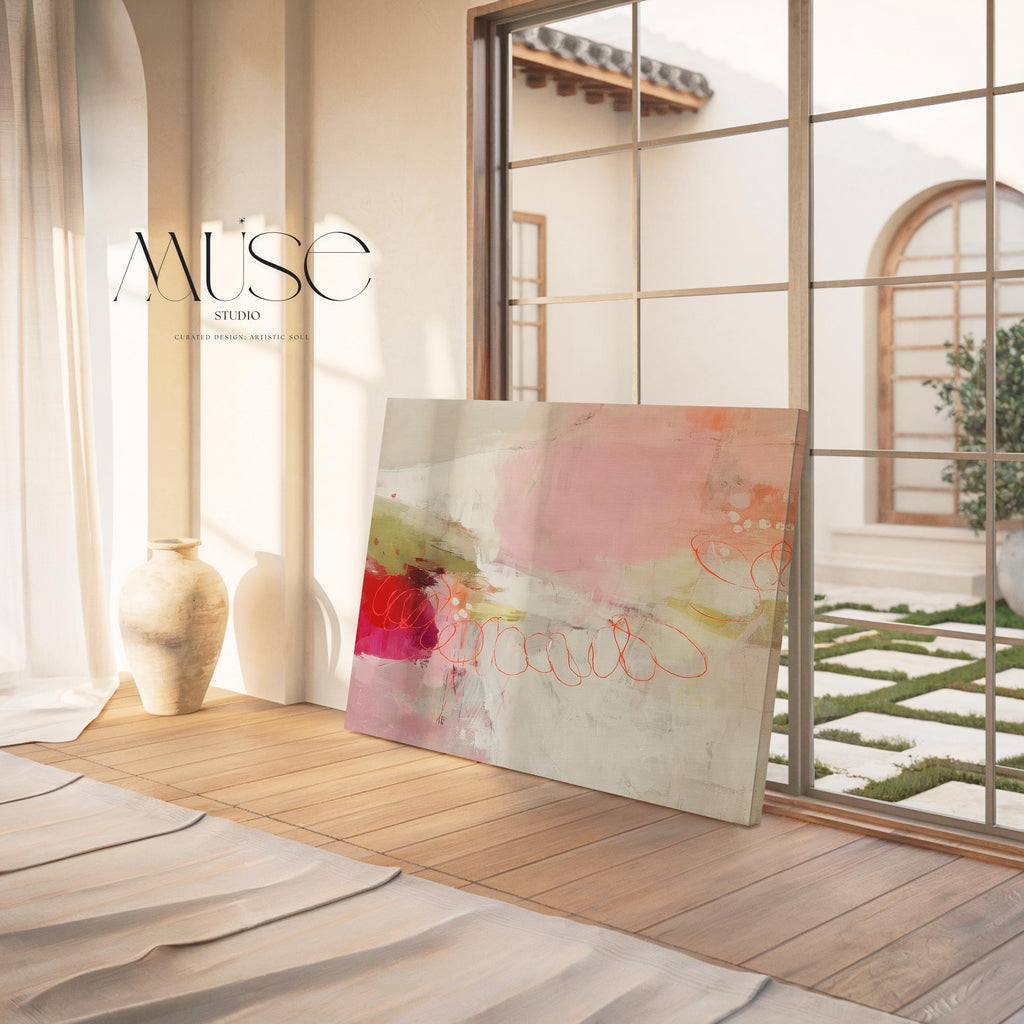 Large Horizontal Canvas Wall Art in Blush, Coral, and Olive • Abstract Painting for Living Room or Office Decor • Muse Studio 529