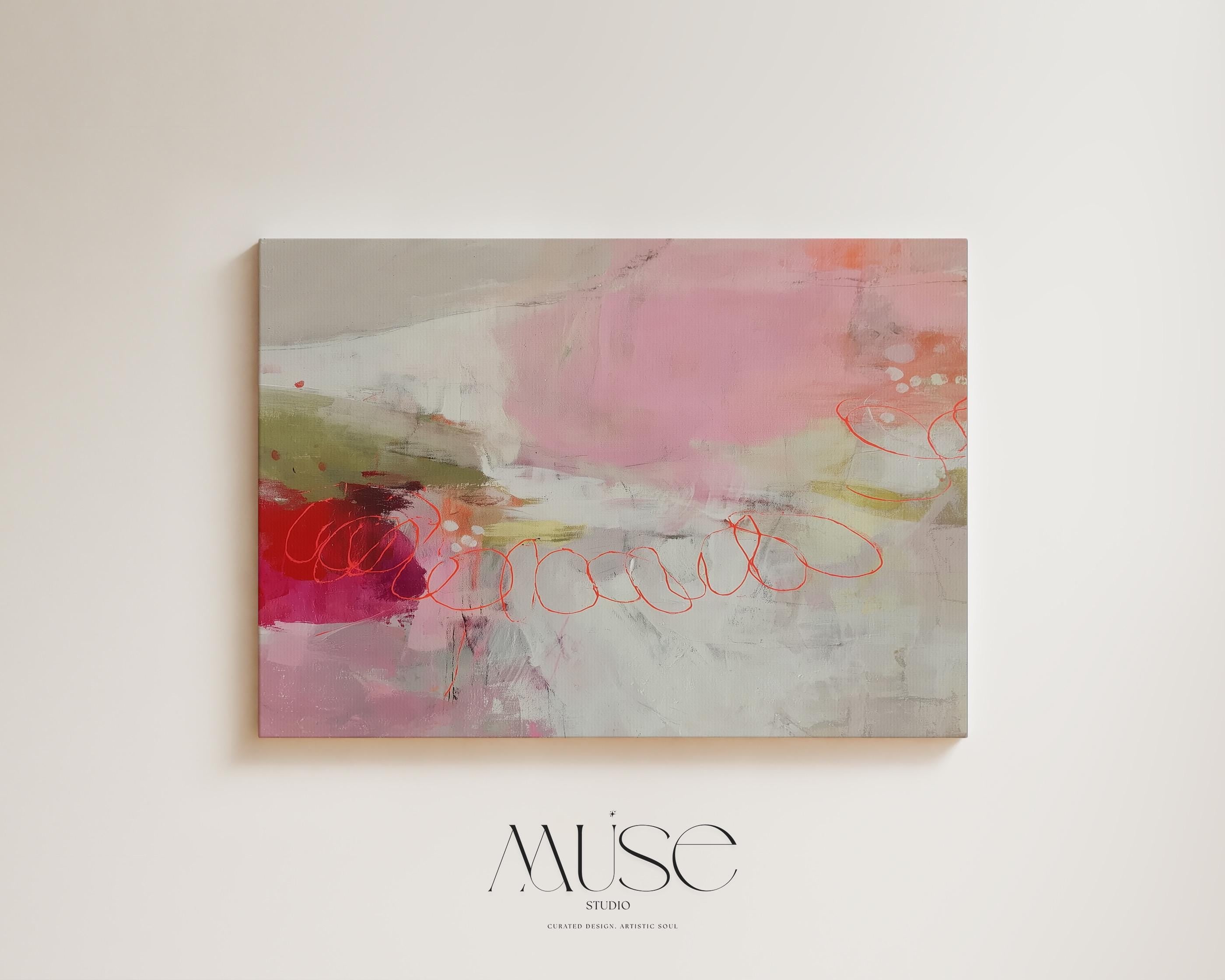 Large Horizontal Canvas Wall Art in Blush, Coral, and Olive • Abstract Painting for Living Room or Office Decor • Muse Studio 529