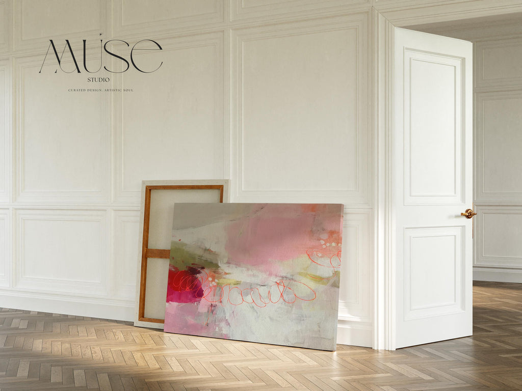 Large Horizontal Canvas Wall Art in Blush, Coral, and Olive • Abstract Painting for Living Room or Office Decor • Muse Studio 529