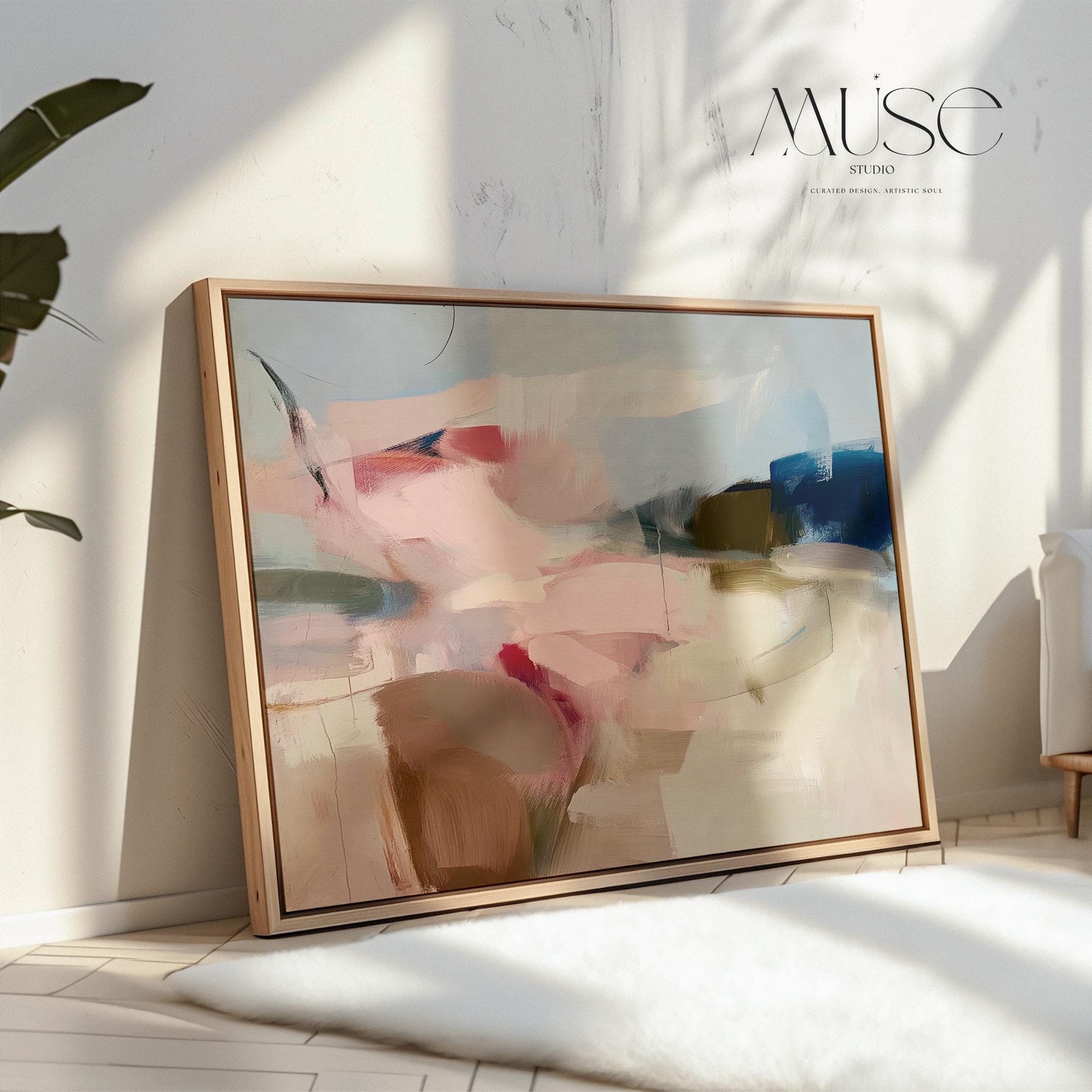 Horizontal abstract canvas wall art in soft blush, navy, and taupe tones with gentle painterly movement. The textured brushwork evokes warmth and calm, ideal for modern living rooms or bedrooms. Printed on premium cotton canvas, this gallery-wrapped piece arrives ready to hang for a clean, contemporary finish.