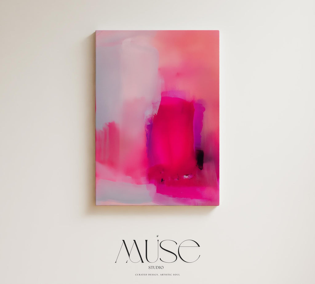 Vertical abstract canvas art featuring soft pink gradient background with bold fuchsia and magenta color blocks.