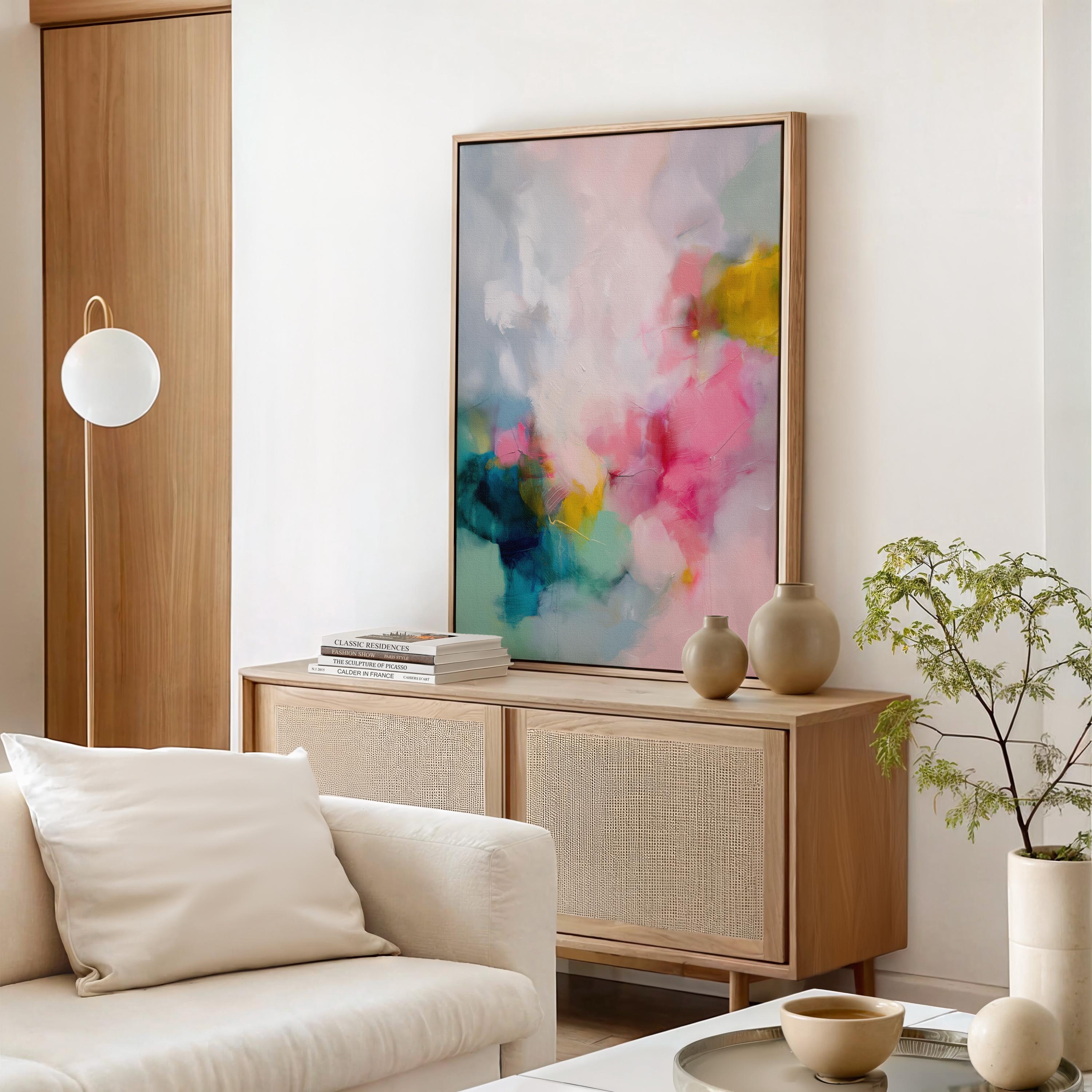 Vertical colorful abstract wall art featuring coral, indigo, and soft yellow tones in a Scandinavian-inspired contemporary style. Perfect for modern living rooms or minimalist interiors. Available as framed canvas or gallery-wrapped giclée wall art by Muse Studio.