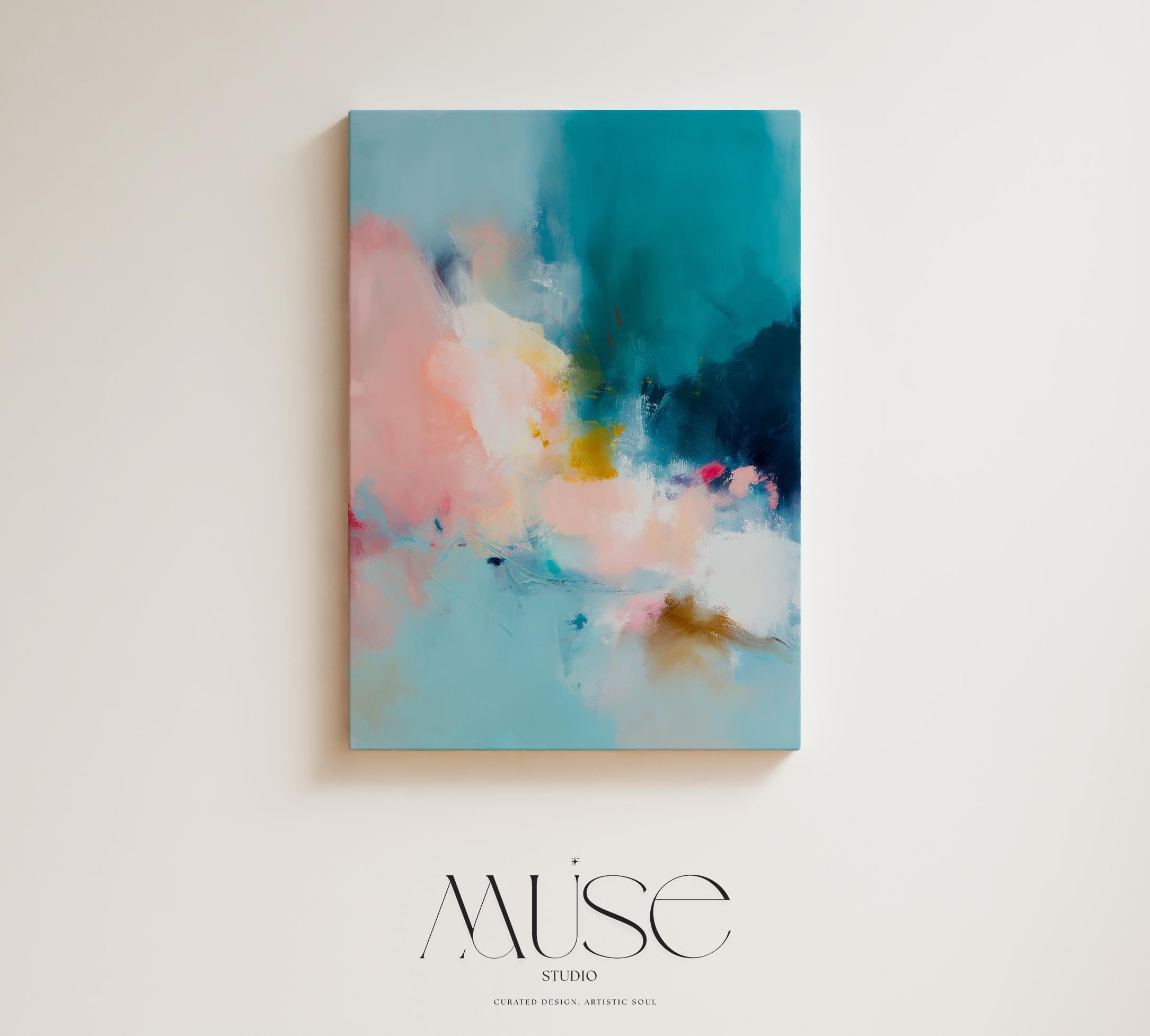 Vertical blue and cream abstract wall art with soft, misty brushwork in a serene coastal style. Ideal for spa-inspired interiors, bedrooms, or calm contemporary living rooms. Available as gallery-wrapped or framed canvas wall art by Muse Studio.