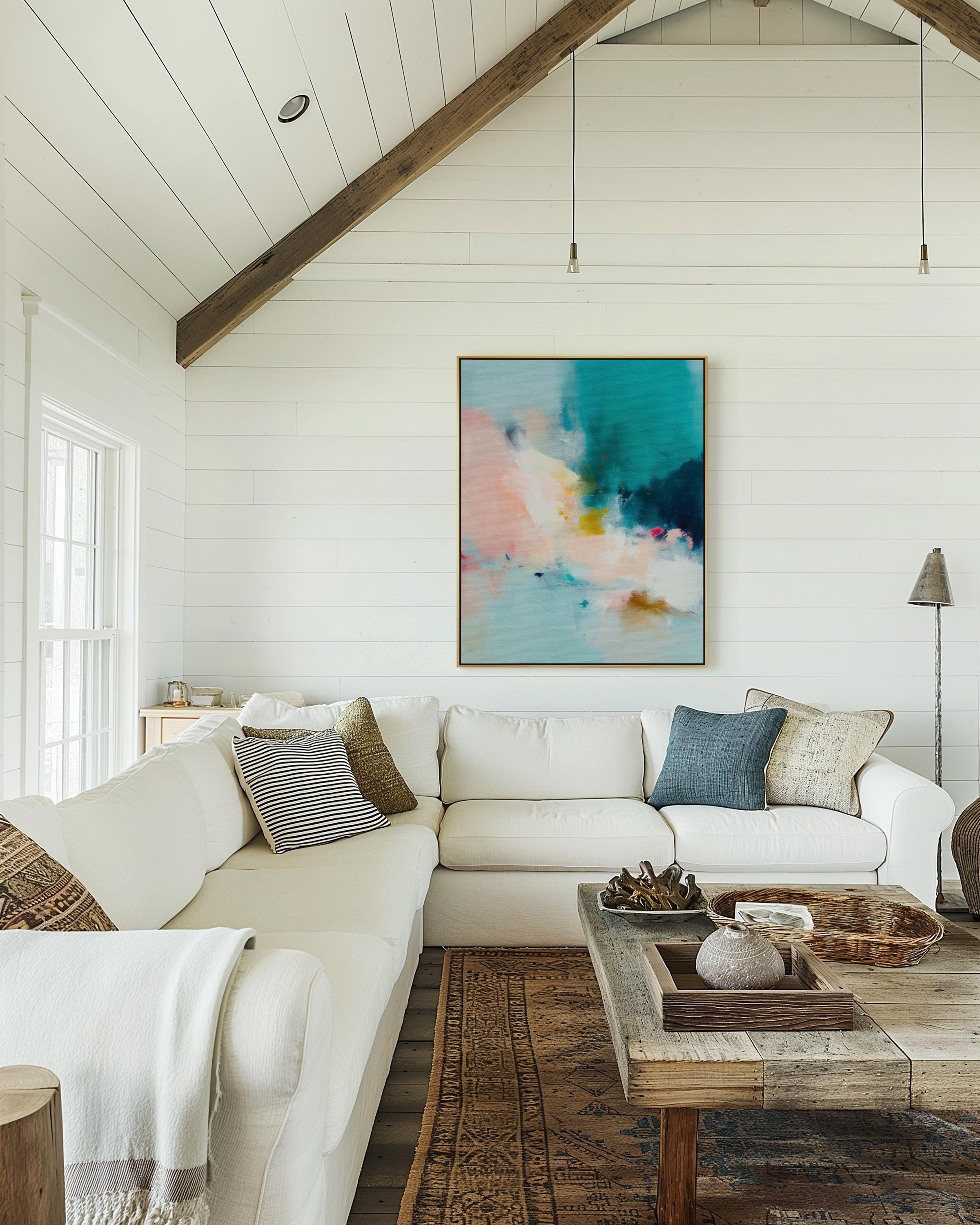 Vertical blue and cream abstract wall art with soft, misty brushwork in a serene coastal style. Ideal for spa-inspired interiors, bedrooms, or calm contemporary living rooms. Available as gallery-wrapped or framed canvas wall art by Muse Studio.
