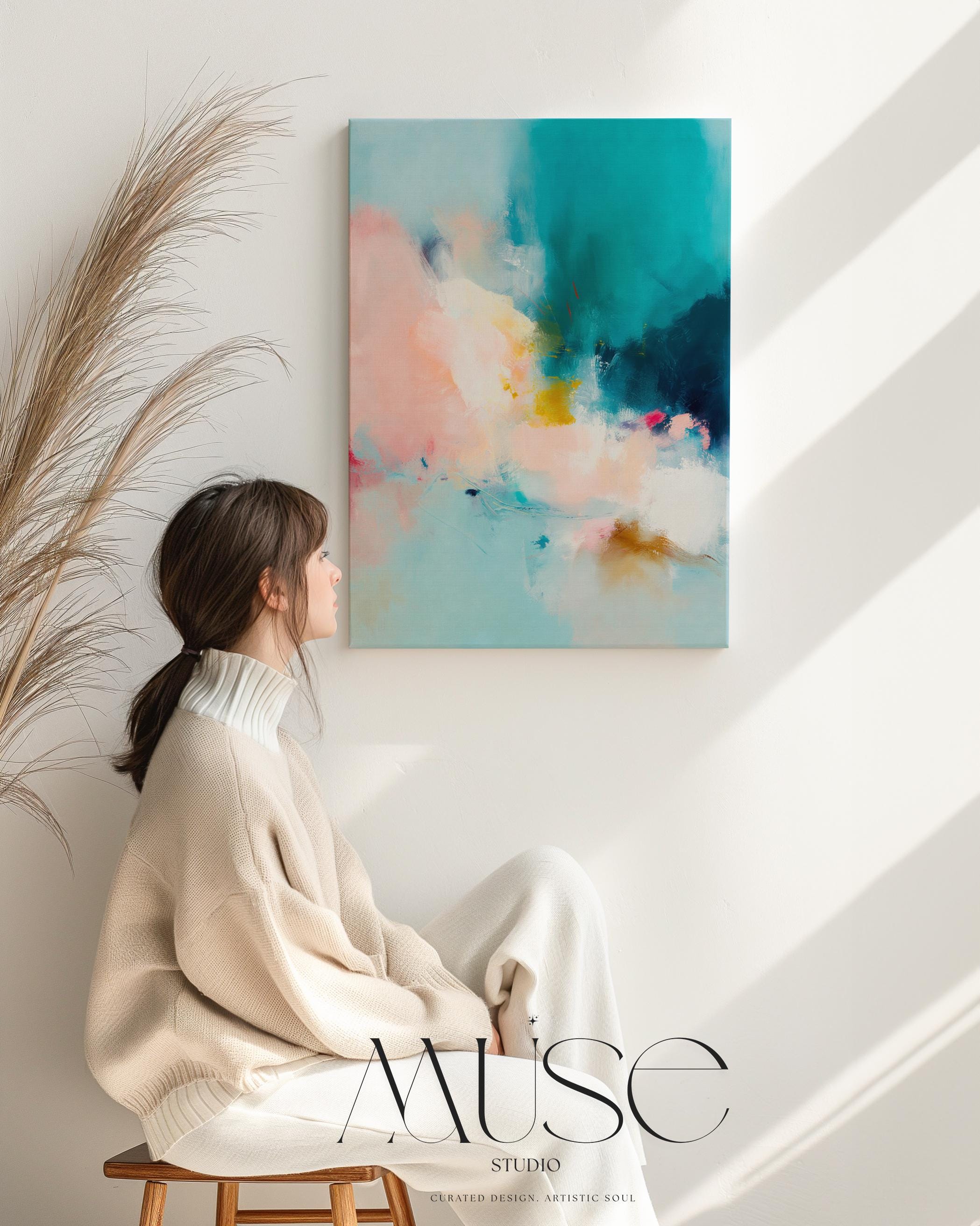 Vertical blue and cream abstract wall art with soft, misty brushwork in a serene coastal style. Ideal for spa-inspired interiors, bedrooms, or calm contemporary living rooms. Available as gallery-wrapped or framed canvas wall art by Muse Studio.