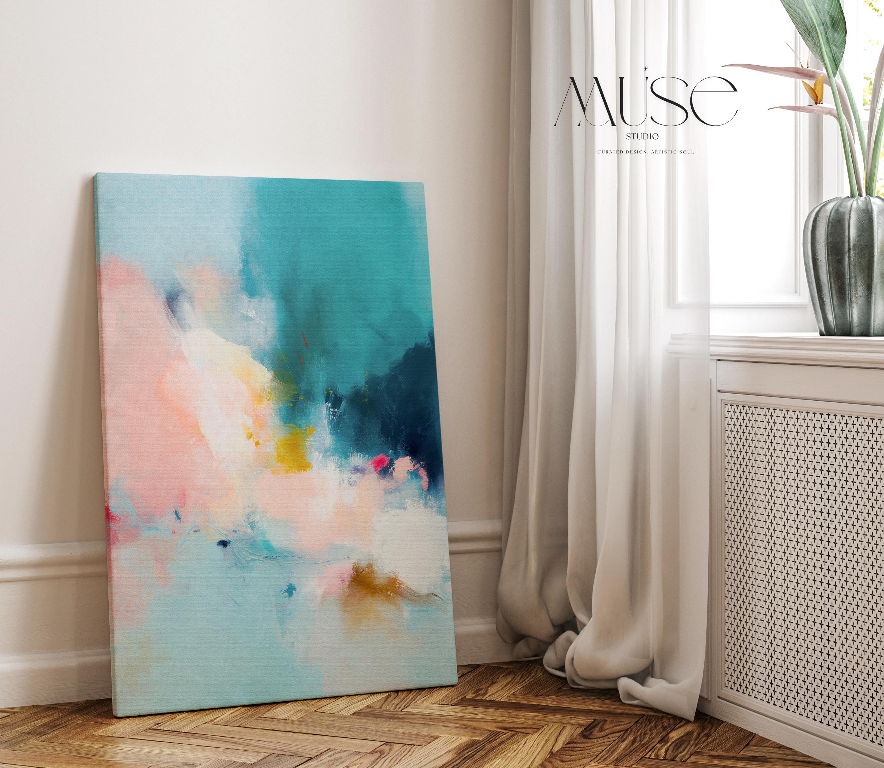 Vertical blue and cream abstract wall art with soft, misty brushwork in a serene coastal style. Ideal for spa-inspired interiors, bedrooms, or calm contemporary living rooms. Available as gallery-wrapped or framed canvas wall art by Muse Studio.
