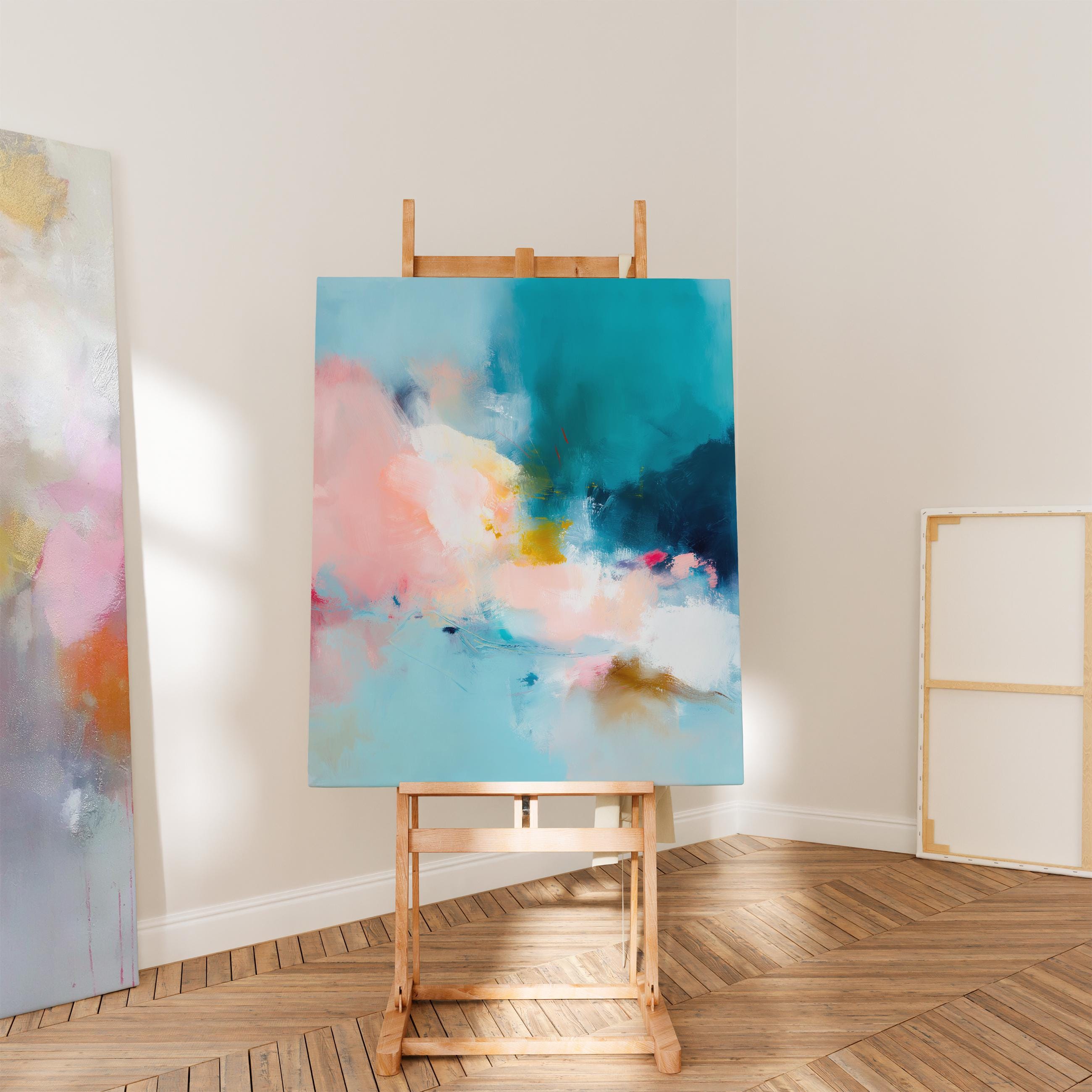 Vertical blue and cream abstract wall art with soft, misty brushwork in a serene coastal style. Ideal for spa-inspired interiors, bedrooms, or calm contemporary living rooms. Available as gallery-wrapped or framed canvas wall art by Muse Studio.