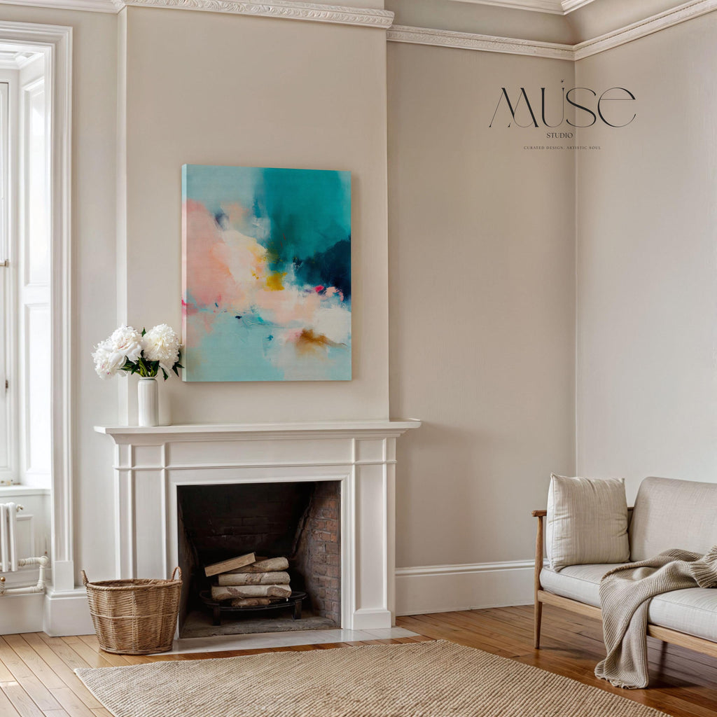Vertical blue and cream abstract wall art with soft, misty brushwork in a serene coastal style. Ideal for spa-inspired interiors, bedrooms, or calm contemporary living rooms. Available as gallery-wrapped or framed canvas wall art by Muse Studio.