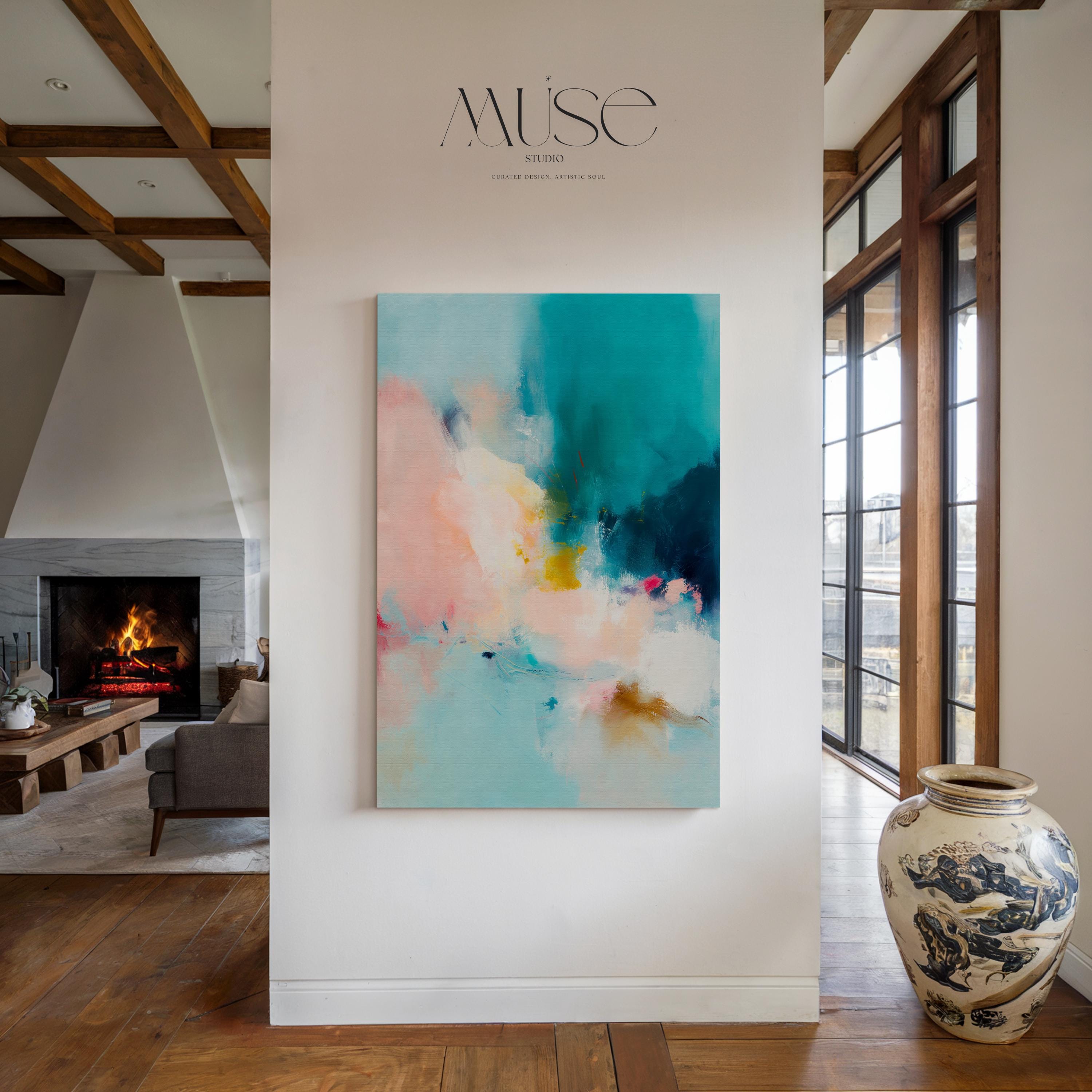 Vertical blue and cream abstract wall art with soft, misty brushwork in a serene coastal style. Ideal for spa-inspired interiors, bedrooms, or calm contemporary living rooms. Available as gallery-wrapped or framed canvas wall art by Muse Studio.