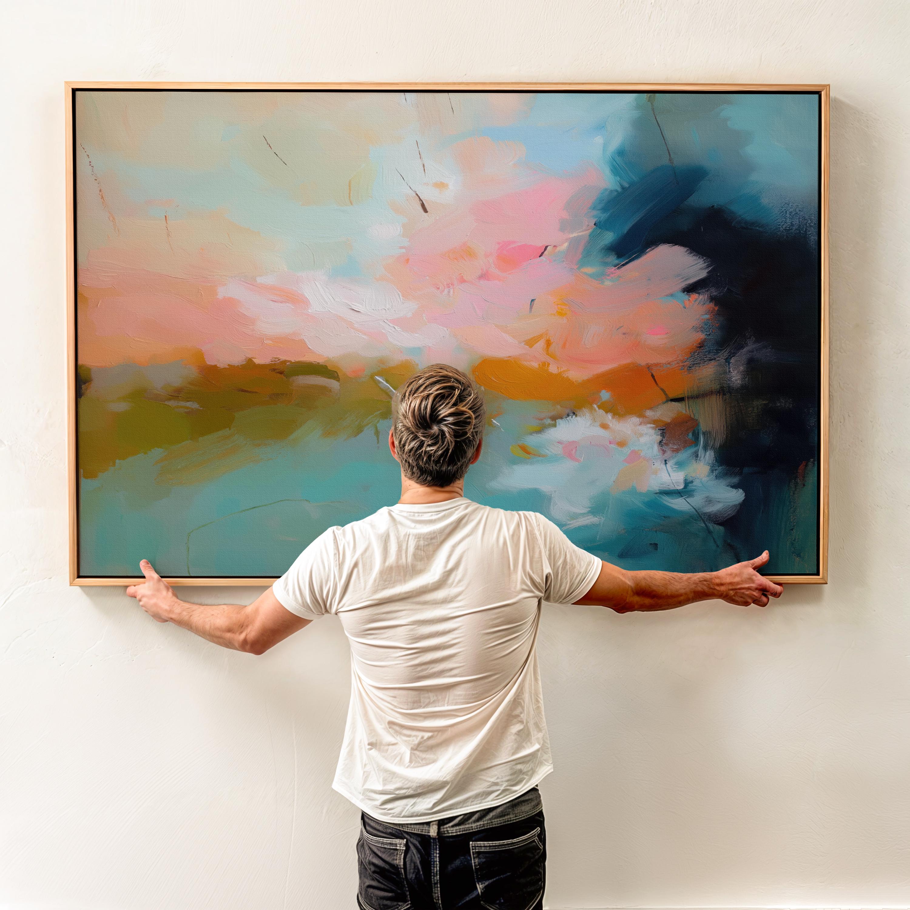 Horizontal framed abstract artwork featuring soft turquoise, peach, and gold tones inspired by ocean horizons. Ideal for Coastal Horizon interiors, this piece brings calm energy and warmth to living rooms, beach houses, or modern spaces. Printed on archival cotton-blend canvas, hand-stretched, and framed in natural wood for a refined, gallery-quality finish.