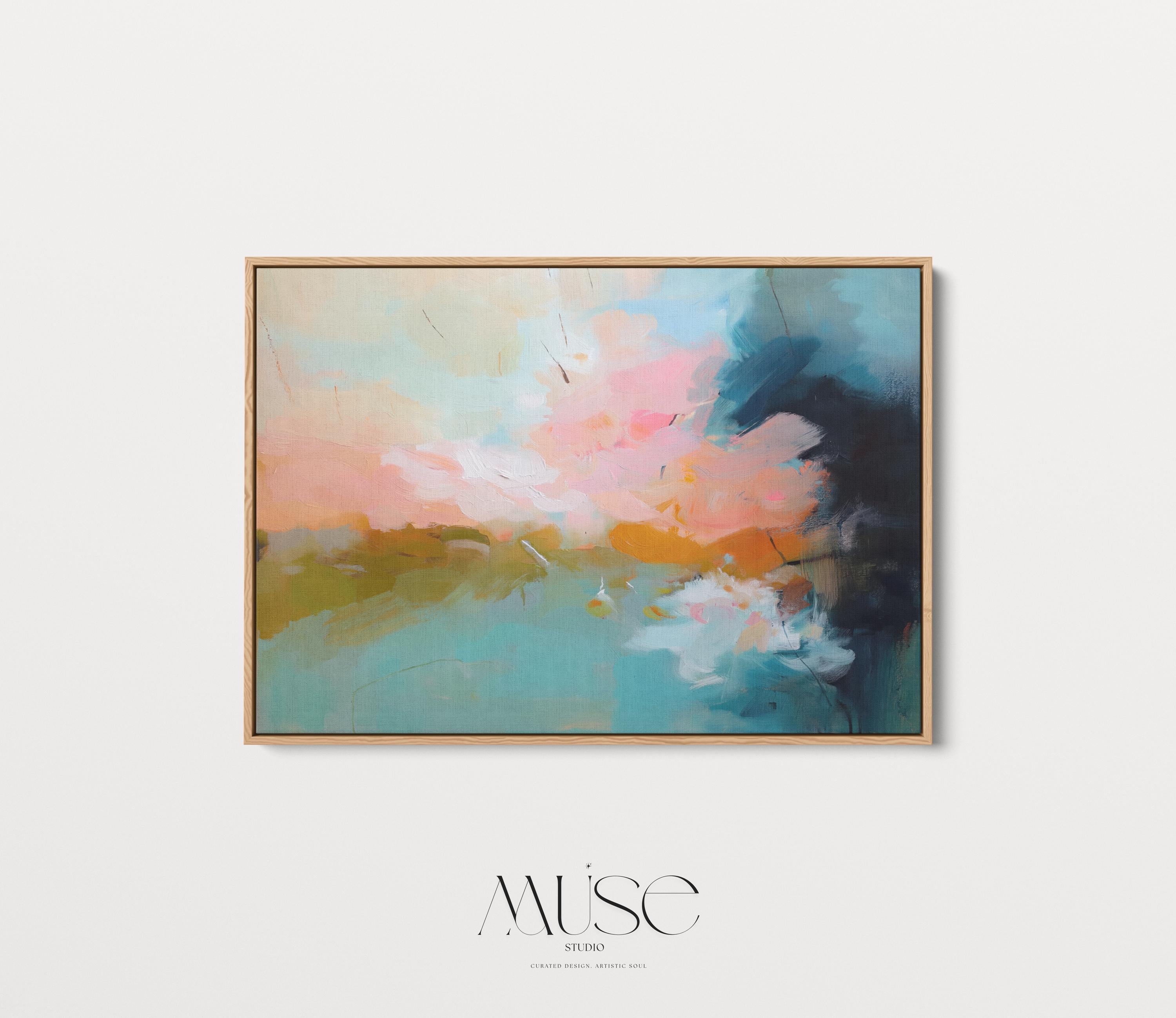 Horizontal framed abstract artwork featuring soft turquoise, peach, and gold tones inspired by ocean horizons. Ideal for Coastal Horizon interiors, this piece brings calm energy and warmth to living rooms, beach houses, or modern spaces. Printed on archival cotton-blend canvas, hand-stretched, and framed in natural wood for a refined, gallery-quality finish.