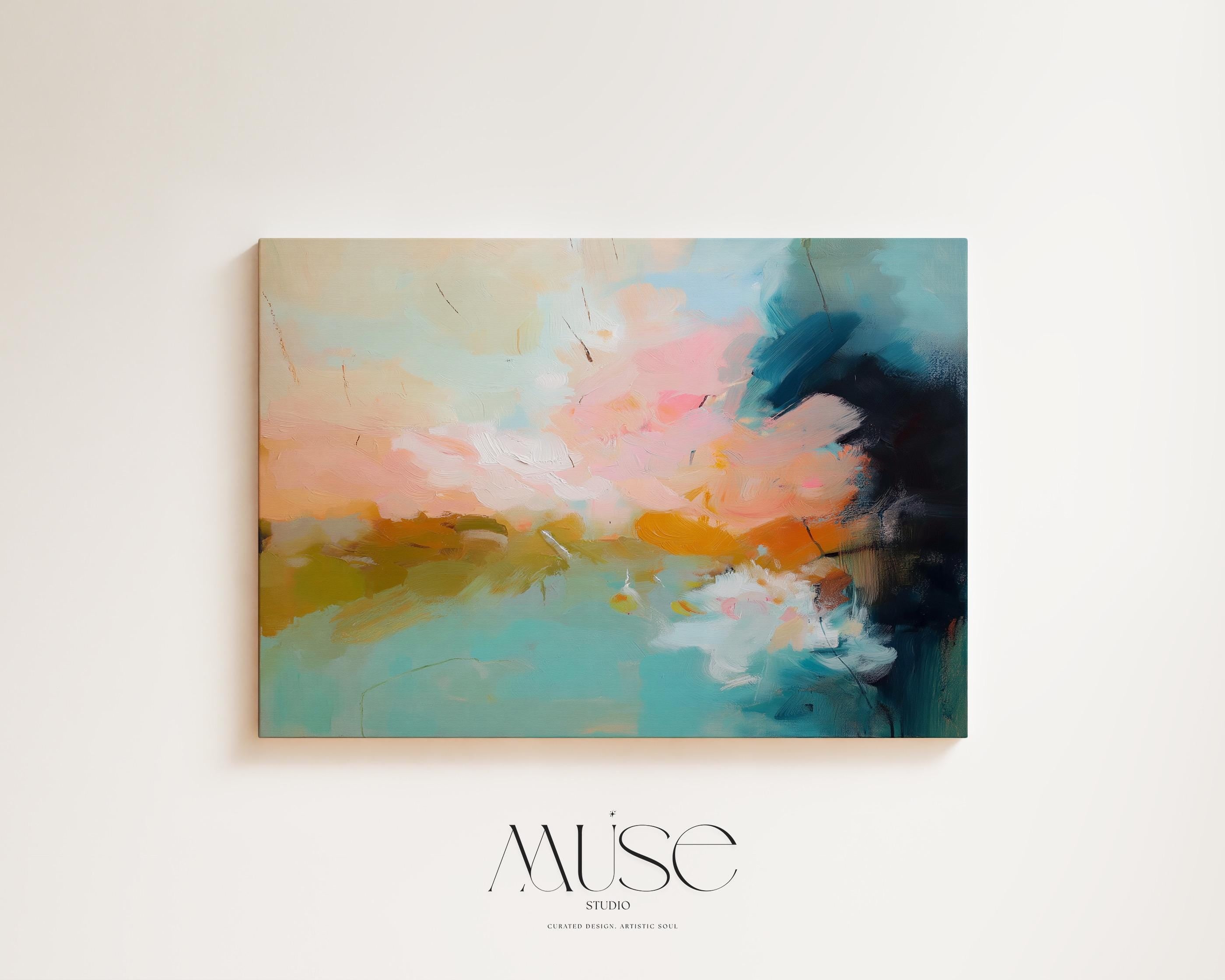 Abstract canvas wall art featuring sweeping teal, coral, and peach brushstrokes inspired by ocean light and coastal horizons. The horizontal composition radiates warmth and movement, ideal for living rooms or offices. Gallery-wrapped cotton canvas design offers a sleek, ready-to-hang presentation.
