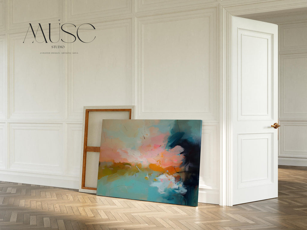 Abstract canvas wall art featuring sweeping teal, coral, and peach brushstrokes inspired by ocean light and coastal horizons. The horizontal composition radiates warmth and movement, ideal for living rooms or offices. Gallery-wrapped cotton canvas design offers a sleek, ready-to-hang presentation.