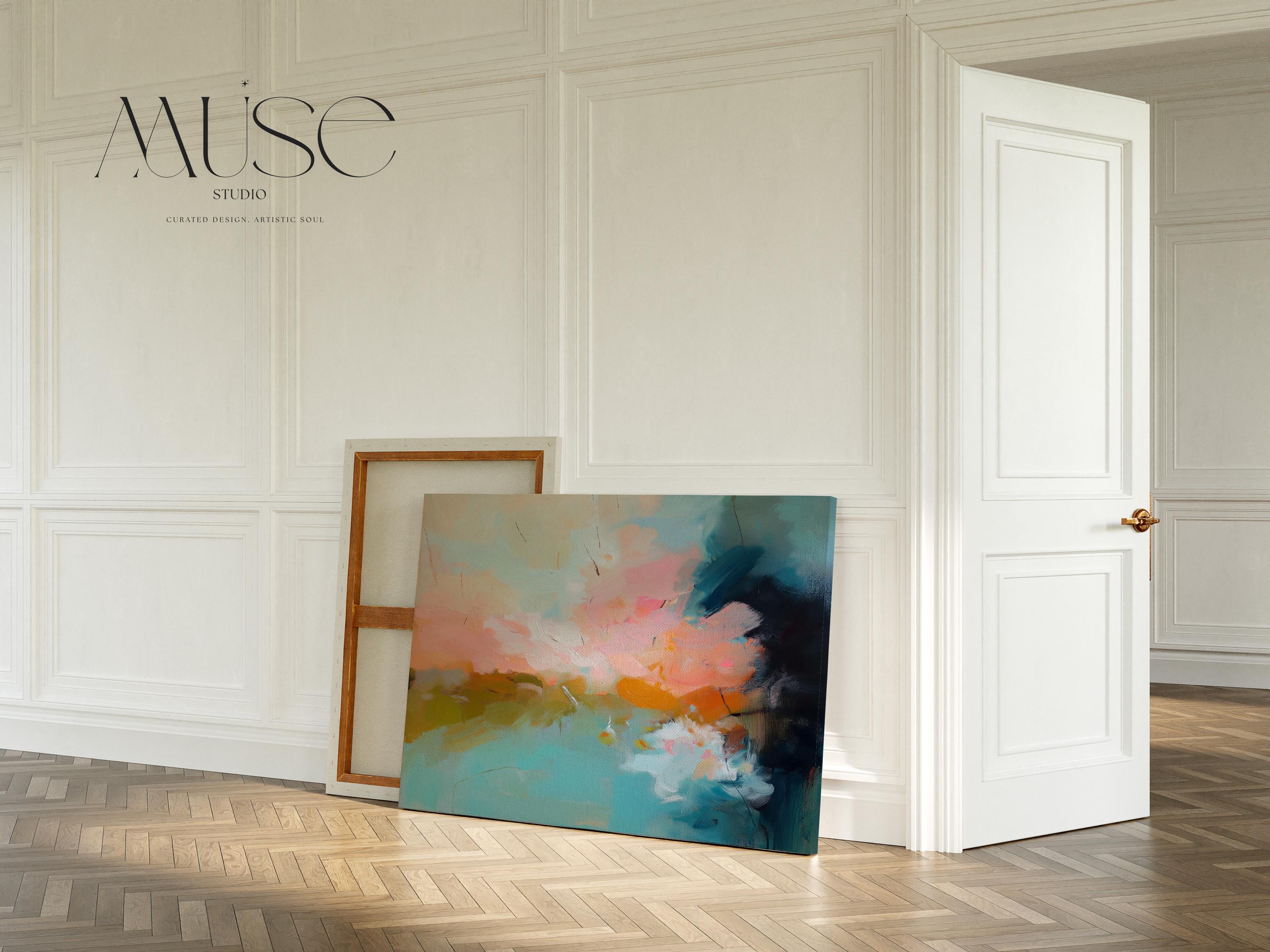 Abstract canvas wall art featuring sweeping teal, coral, and peach brushstrokes inspired by ocean light and coastal horizons. The horizontal composition radiates warmth and movement, ideal for living rooms or offices. Gallery-wrapped cotton canvas design offers a sleek, ready-to-hang presentation.