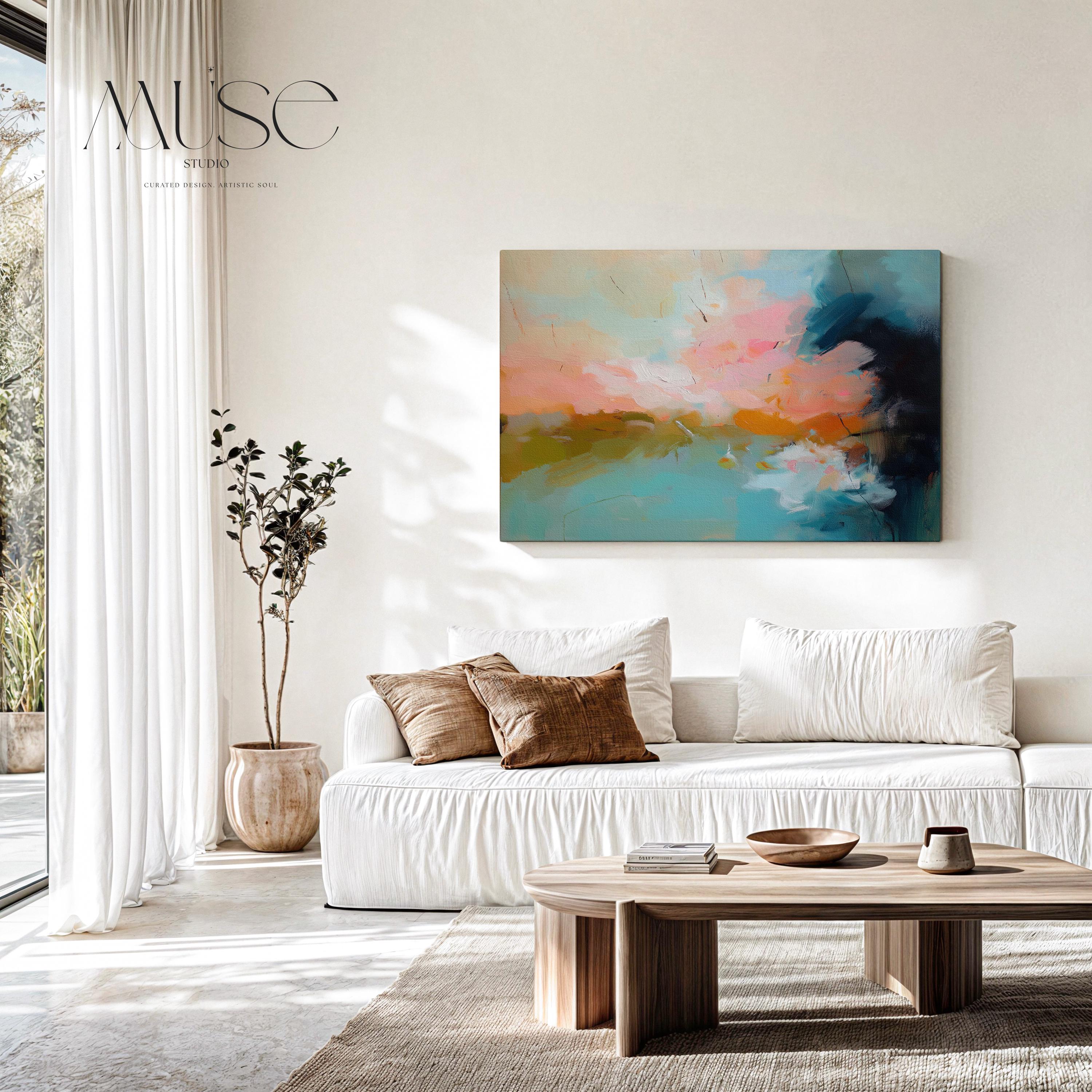 Abstract canvas wall art featuring sweeping teal, coral, and peach brushstrokes inspired by ocean light and coastal horizons. The horizontal composition radiates warmth and movement, ideal for living rooms or offices. Gallery-wrapped cotton canvas design offers a sleek, ready-to-hang presentation.