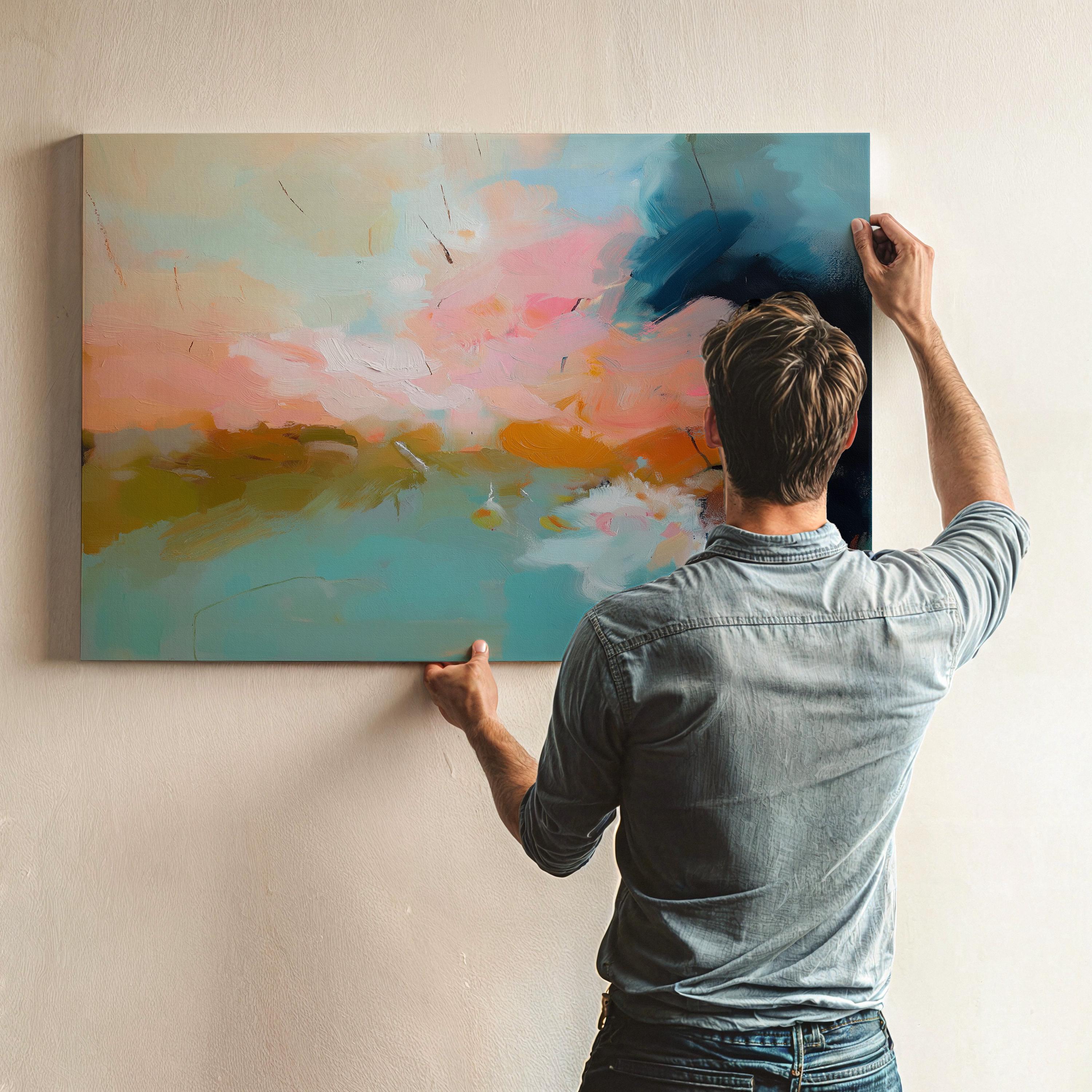 Abstract canvas wall art featuring sweeping teal, coral, and peach brushstrokes inspired by ocean light and coastal horizons. The horizontal composition radiates warmth and movement, ideal for living rooms or offices. Gallery-wrapped cotton canvas design offers a sleek, ready-to-hang presentation.