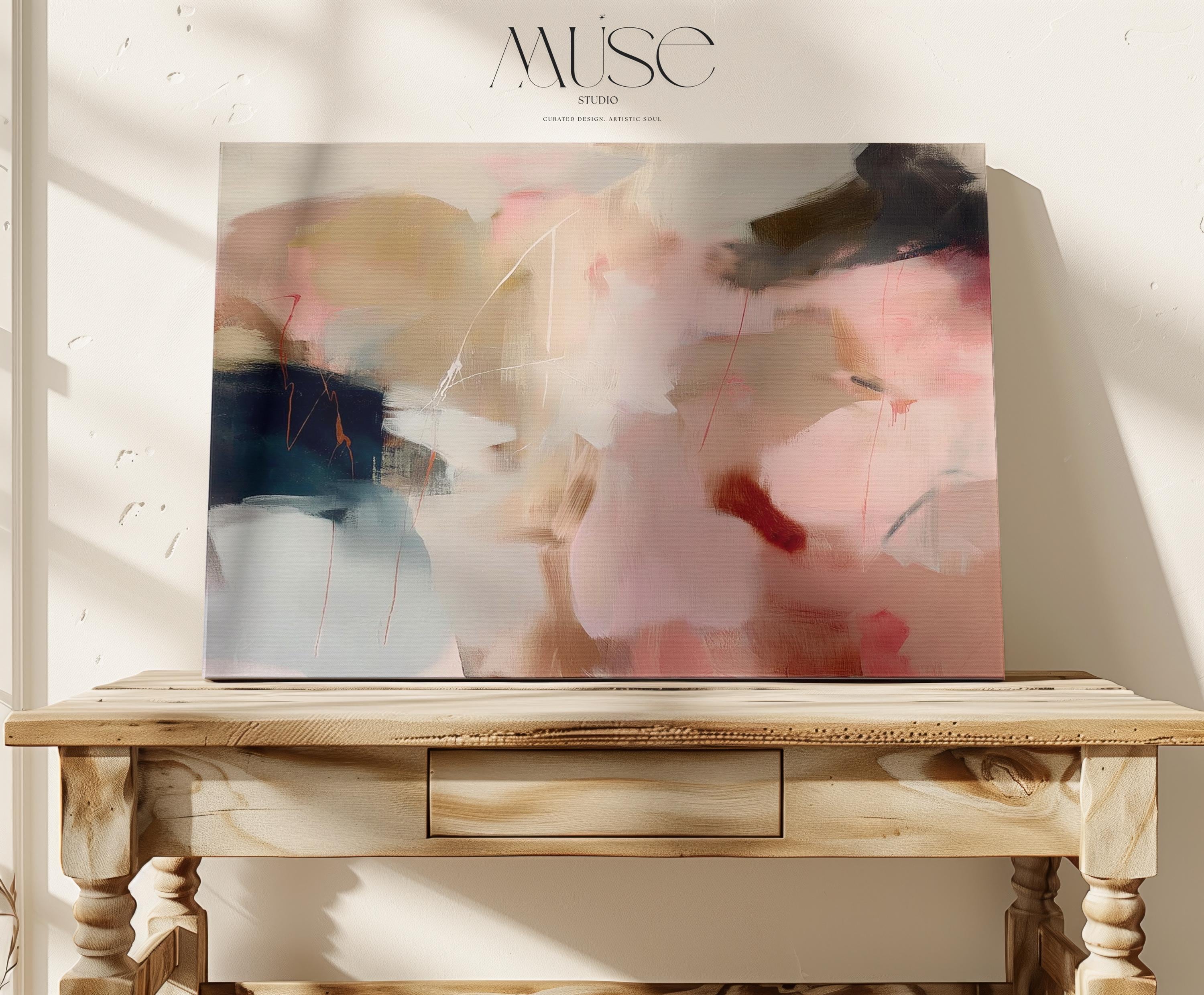 Horizontal limited edition wall art featuring a soft blend of blush pink, taupe, mocha brown, and muted navy tones in a gentle abstract composition. Designed in a soft contemporary style, this artwork adds warmth and refinement to living rooms, bedrooms, or transitional interiors. Part of Muse Studio’s Limited Edition Collection — limited to 200 editions worldwide. Available as gallery-wrapped canvas, framed canvas, or fine art poster print on Hahnemühle cold pressed paper.