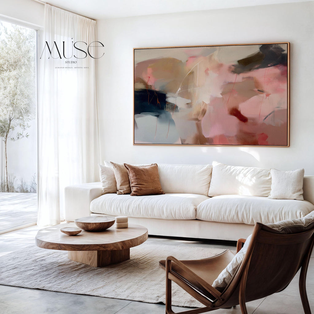 Horizontal limited edition wall art featuring a soft blend of blush pink, taupe, mocha brown, and muted navy tones in a gentle abstract composition. Designed in a soft contemporary style, this artwork adds warmth and refinement to living rooms, bedrooms, or transitional interiors. Part of Muse Studio’s Limited Edition Collection — limited to 200 editions worldwide. Available as gallery-wrapped canvas, framed canvas, or fine art poster print on Hahnemühle cold pressed paper.