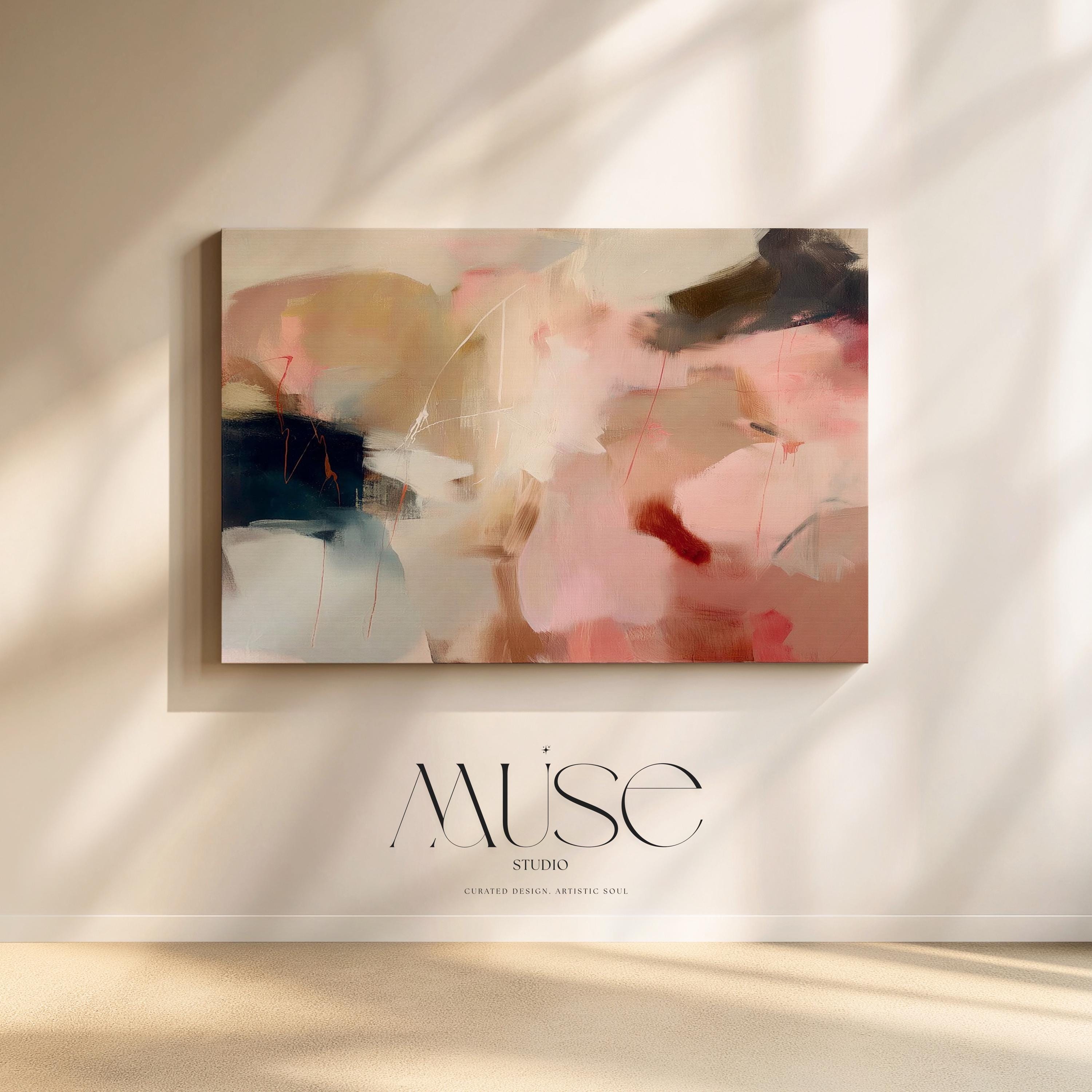 Horizontal limited edition wall art featuring a soft blend of blush pink, taupe, mocha brown, and muted navy tones in a gentle abstract composition. Designed in a soft contemporary style, this artwork adds warmth and refinement to living rooms, bedrooms, or transitional interiors. Part of Muse Studio’s Limited Edition Collection — limited to 200 editions worldwide. Available as gallery-wrapped canvas, framed canvas, or fine art poster print on Hahnemühle cold pressed paper.