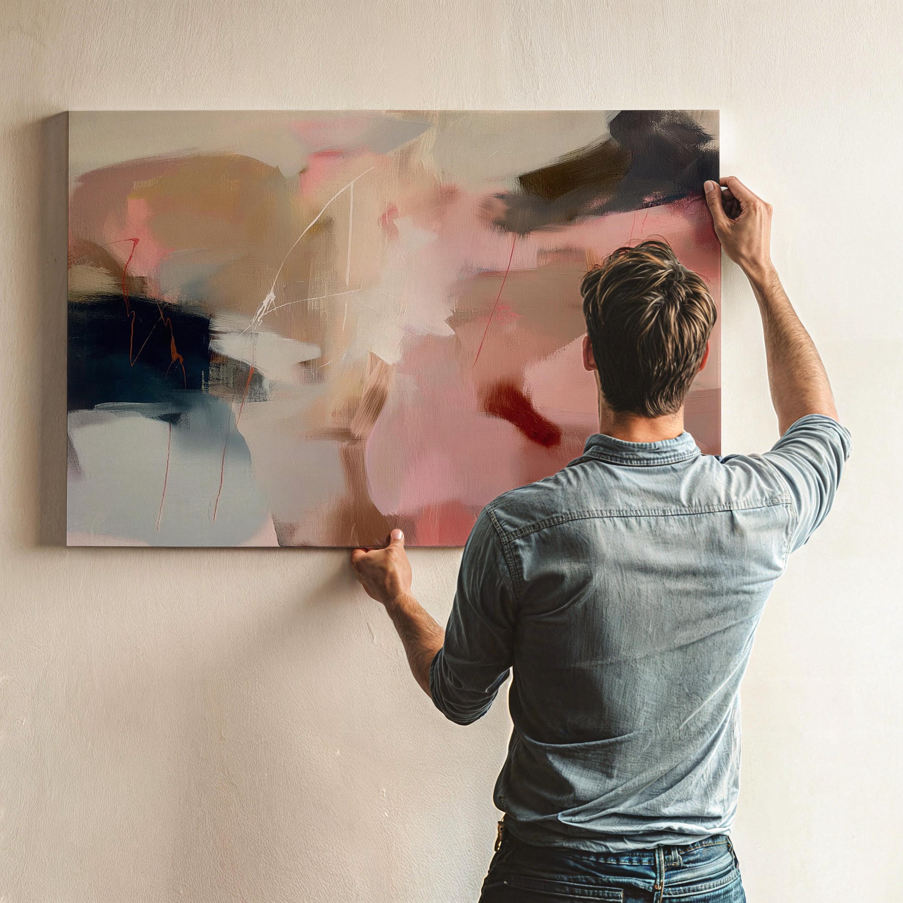 Horizontal limited edition wall art featuring a soft blend of blush pink, taupe, mocha brown, and muted navy tones in a gentle abstract composition. Designed in a soft contemporary style, this artwork adds warmth and refinement to living rooms, bedrooms, or transitional interiors. Part of Muse Studio’s Limited Edition Collection — limited to 200 editions worldwide. Available as gallery-wrapped canvas, framed canvas, or fine art poster print on Hahnemühle cold pressed paper.